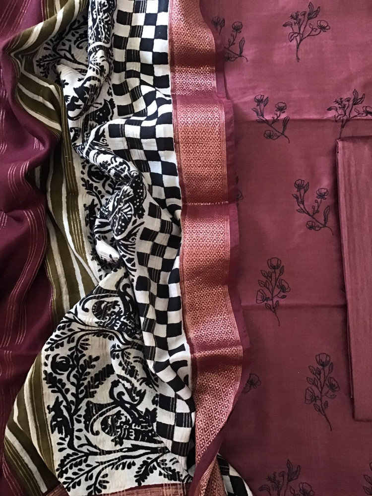 Image of Soft Muslin Silk Printed Embroidered Suit - Maroon