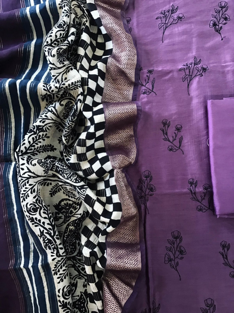 Image of Soft Muslin Silk Printed Embroidered Suit - Violet