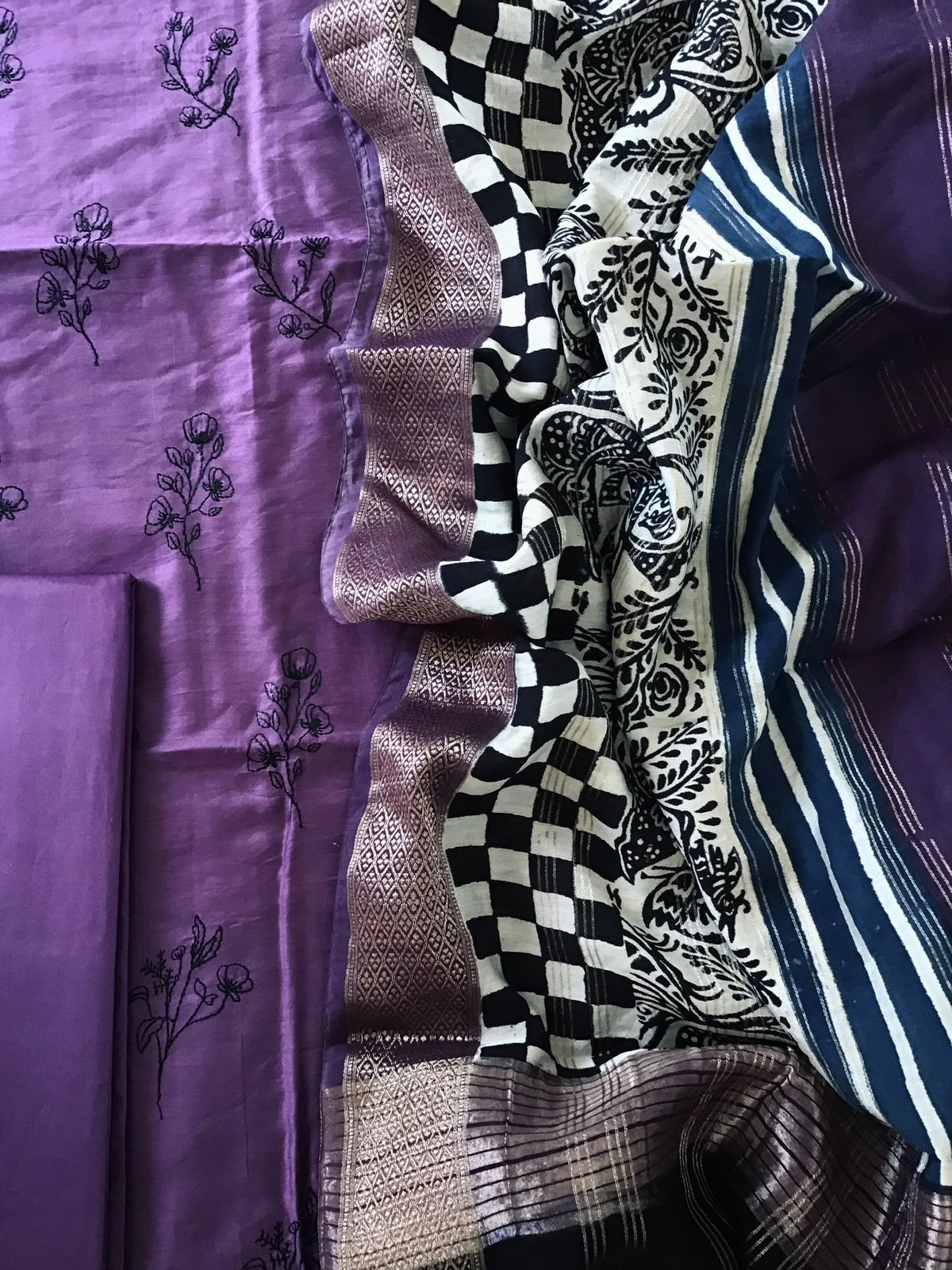 Soft Muslin Silk Printed Embroidered Suit - Violet