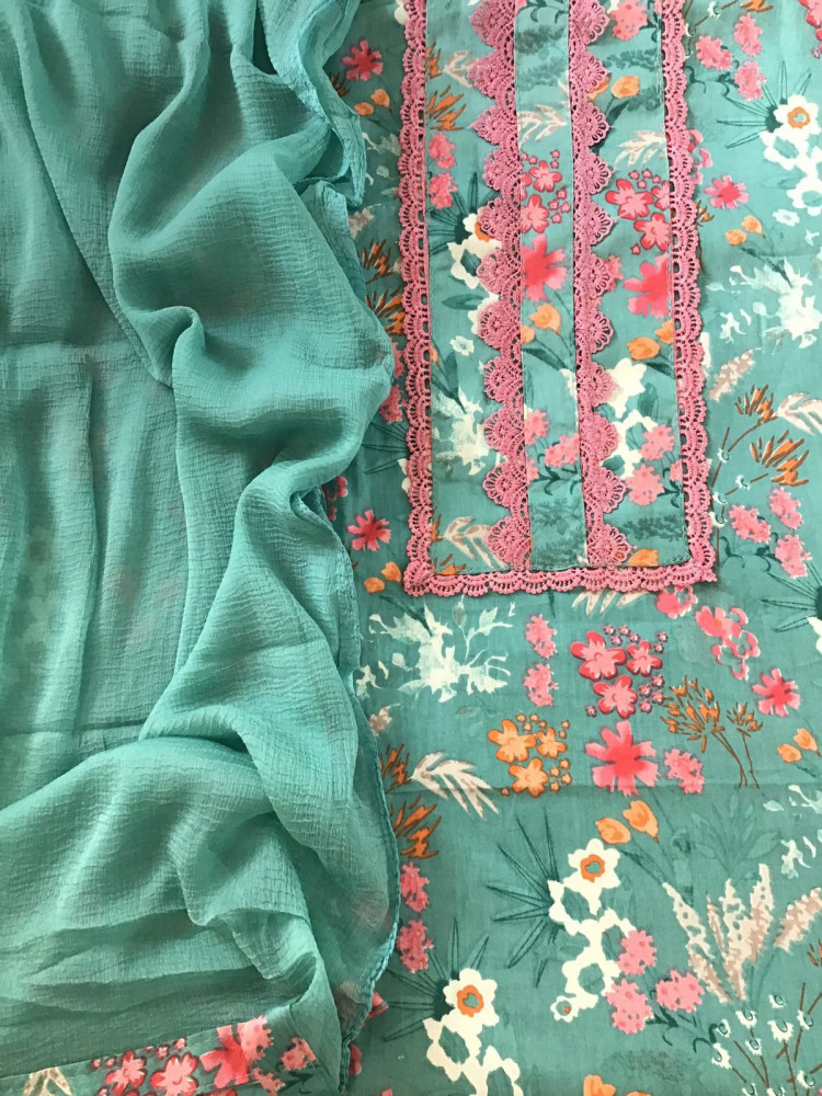 Image of Pure Jaam Cotton Printed Embroidered Suit - Green