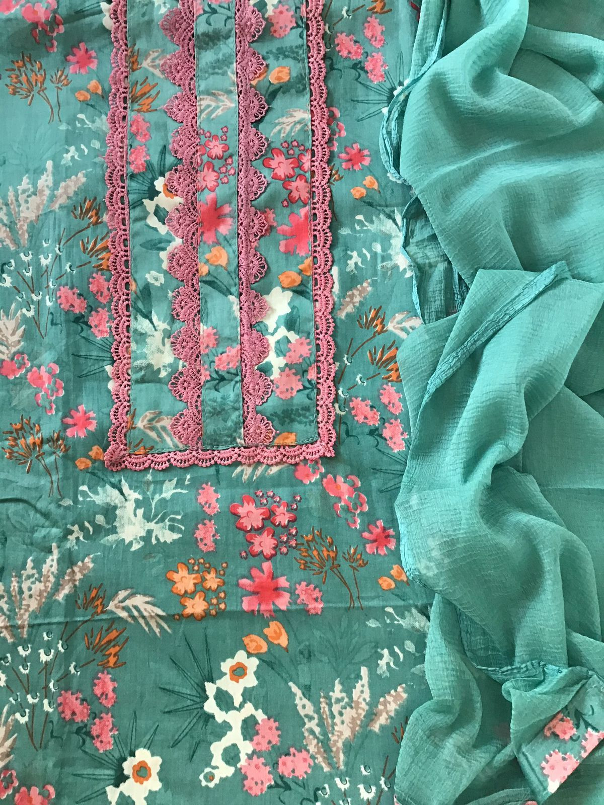 Pure Jaam Cotton Printed Embroidered Suit - Green