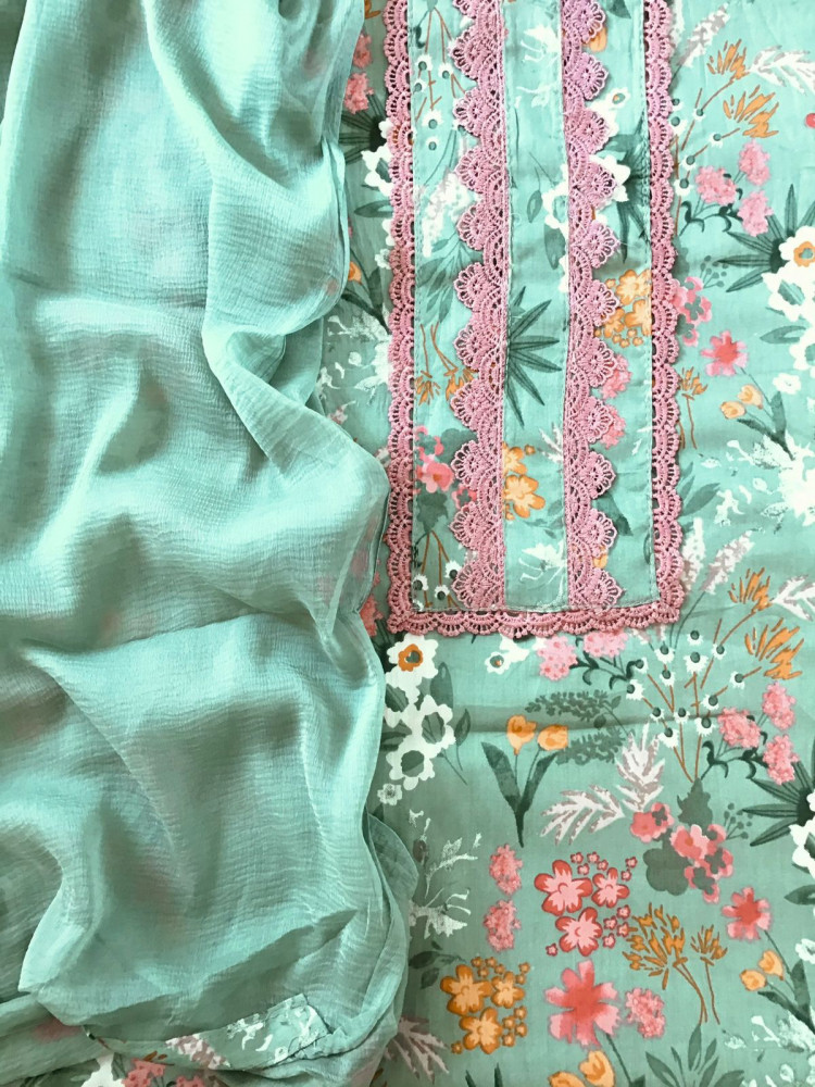 Image of Pure Jaam Cotton Printed Embroidered Suit - Green