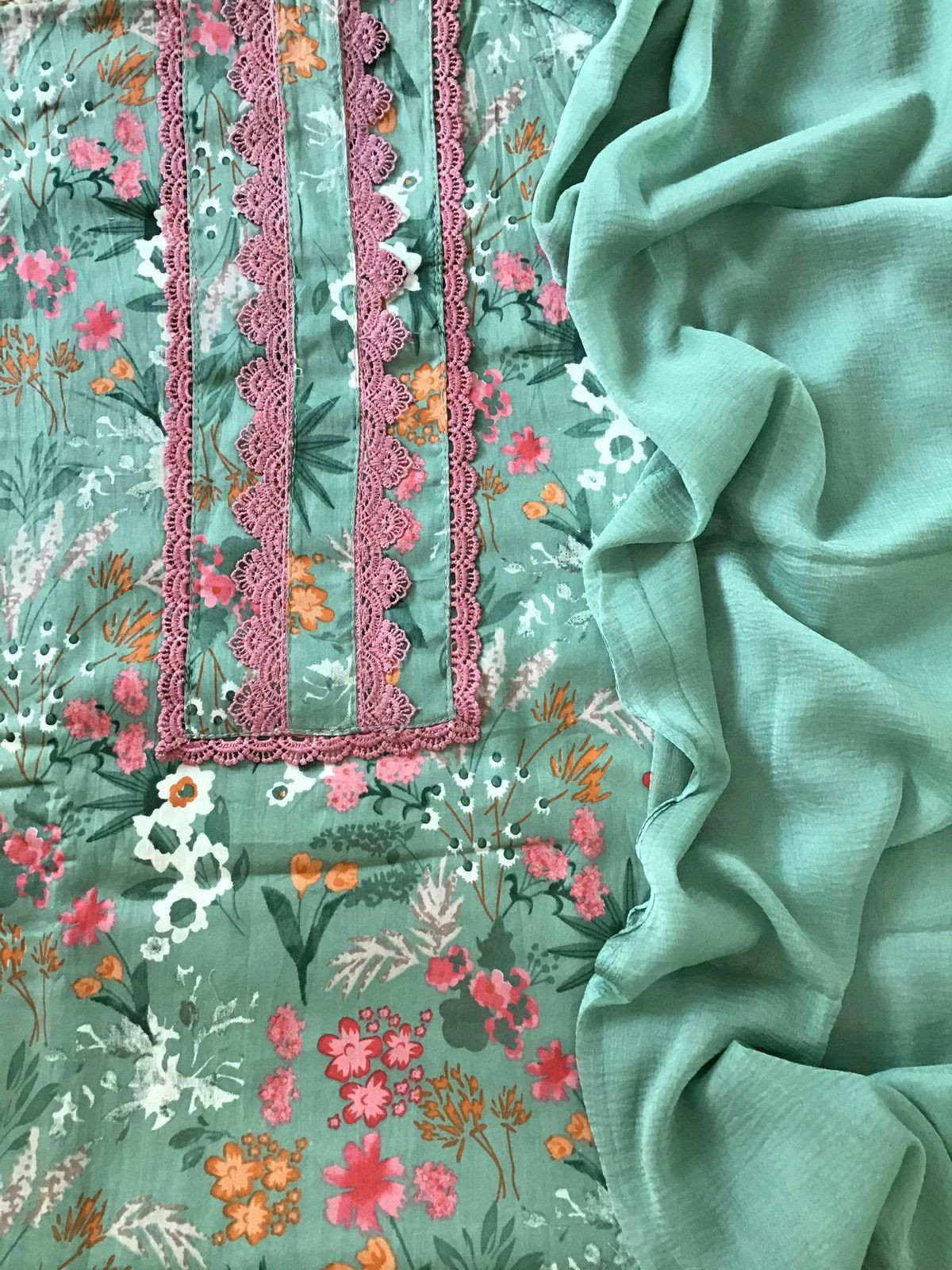 Pure Jaam Cotton Printed Embroidered Suit - Green