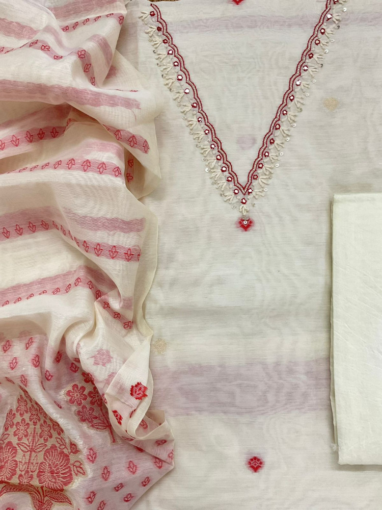 Image of Soft Kora Chanderi Jamdani Weaved Embroidered Suit - Cream