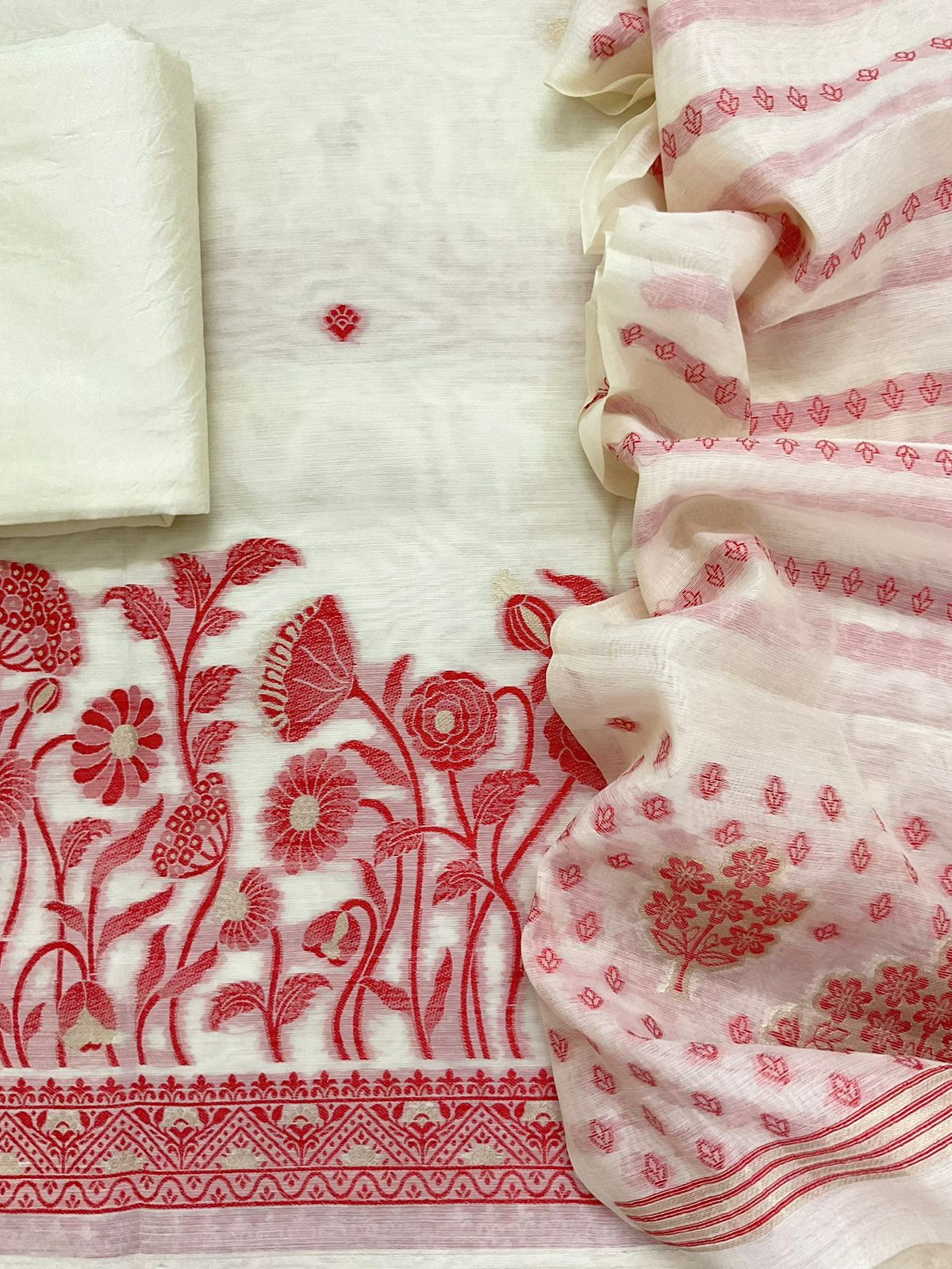 Soft Kora Chanderi Jamdani Weaved Embroidered Suit - Cream