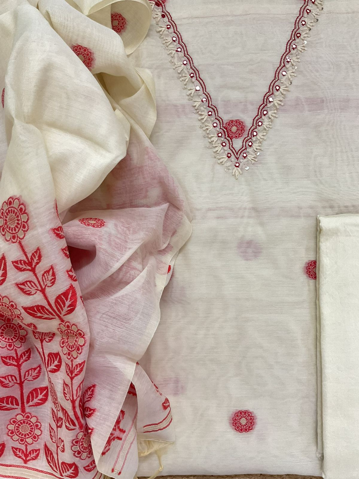 Soft Kora Chanderi Jamdani Weaved Embroidered Suit - Cream