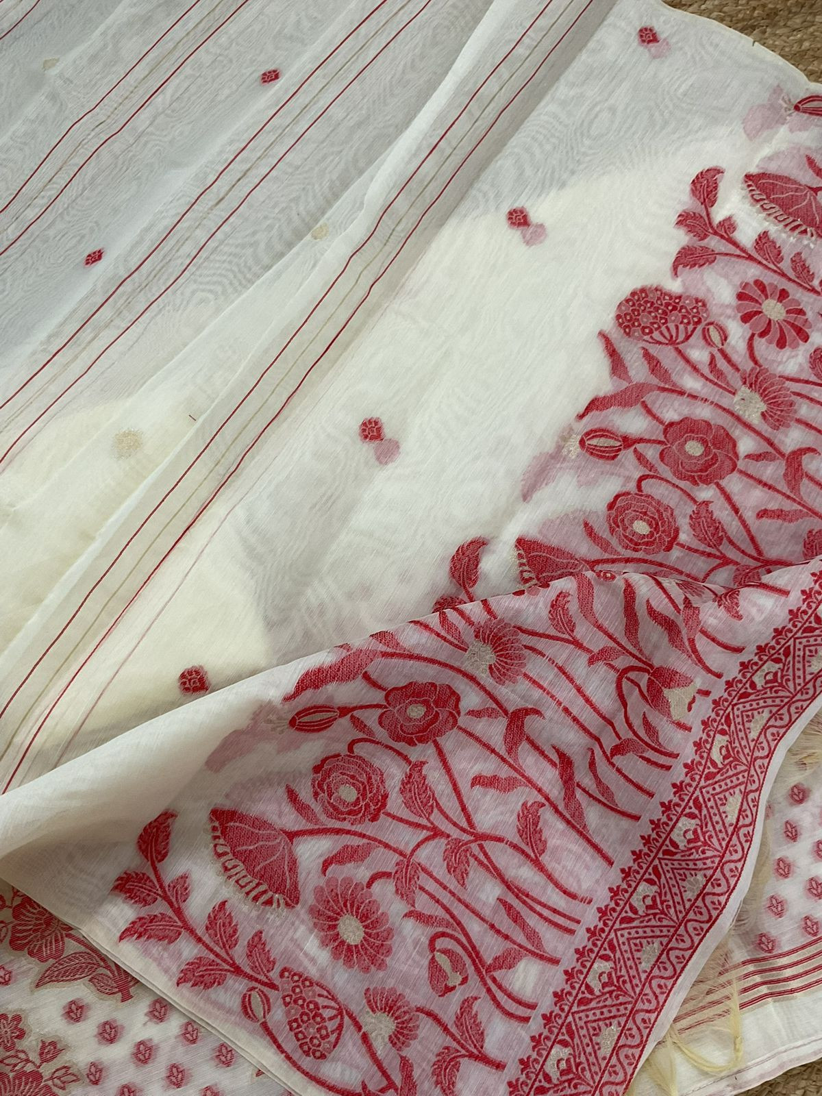 Soft Kora Chanderi Jamdani Weaved Embroidered Suit - Cream