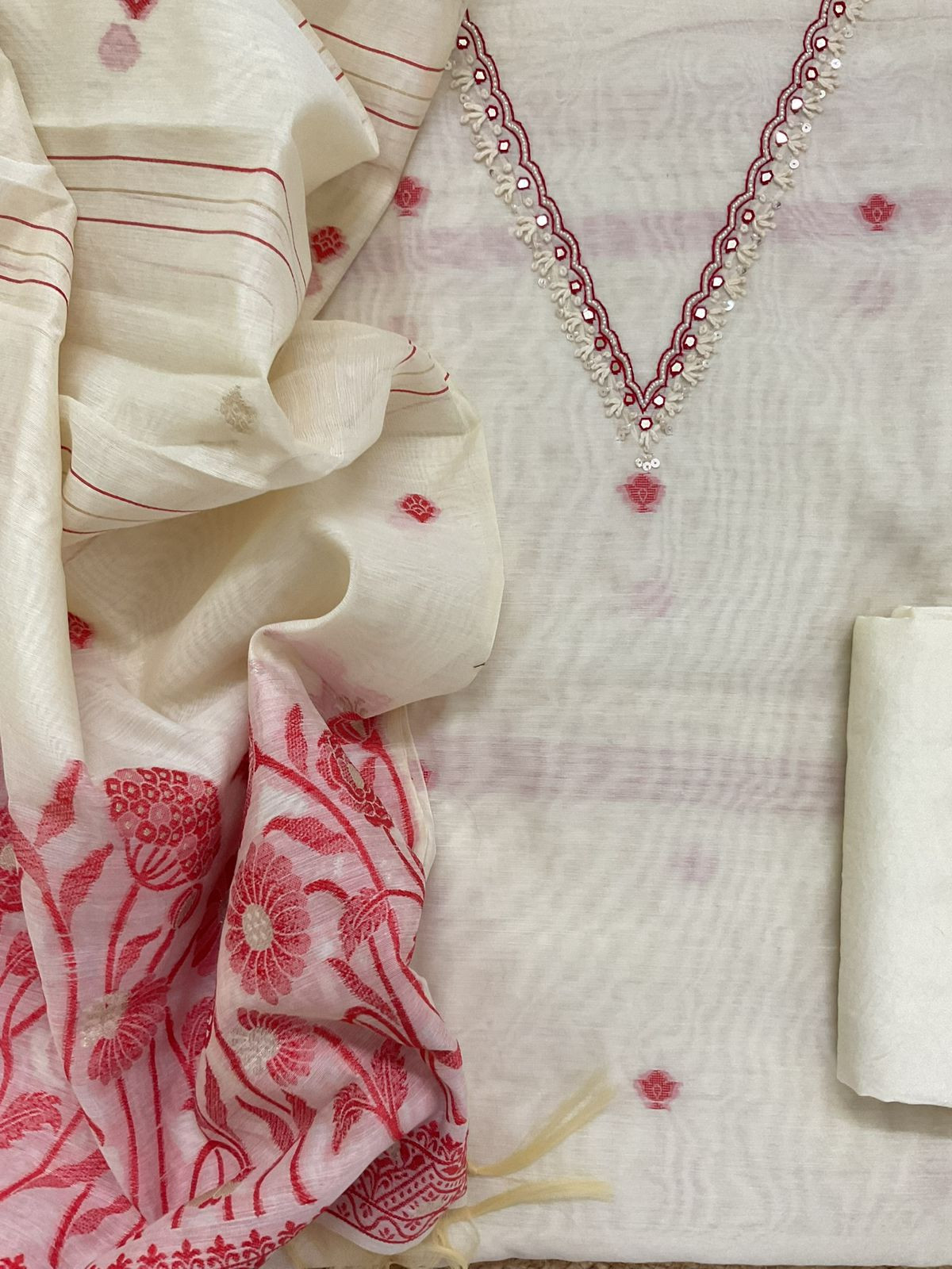 Soft Kora Chanderi Jamdani Weaved Embroidered Suit - Cream