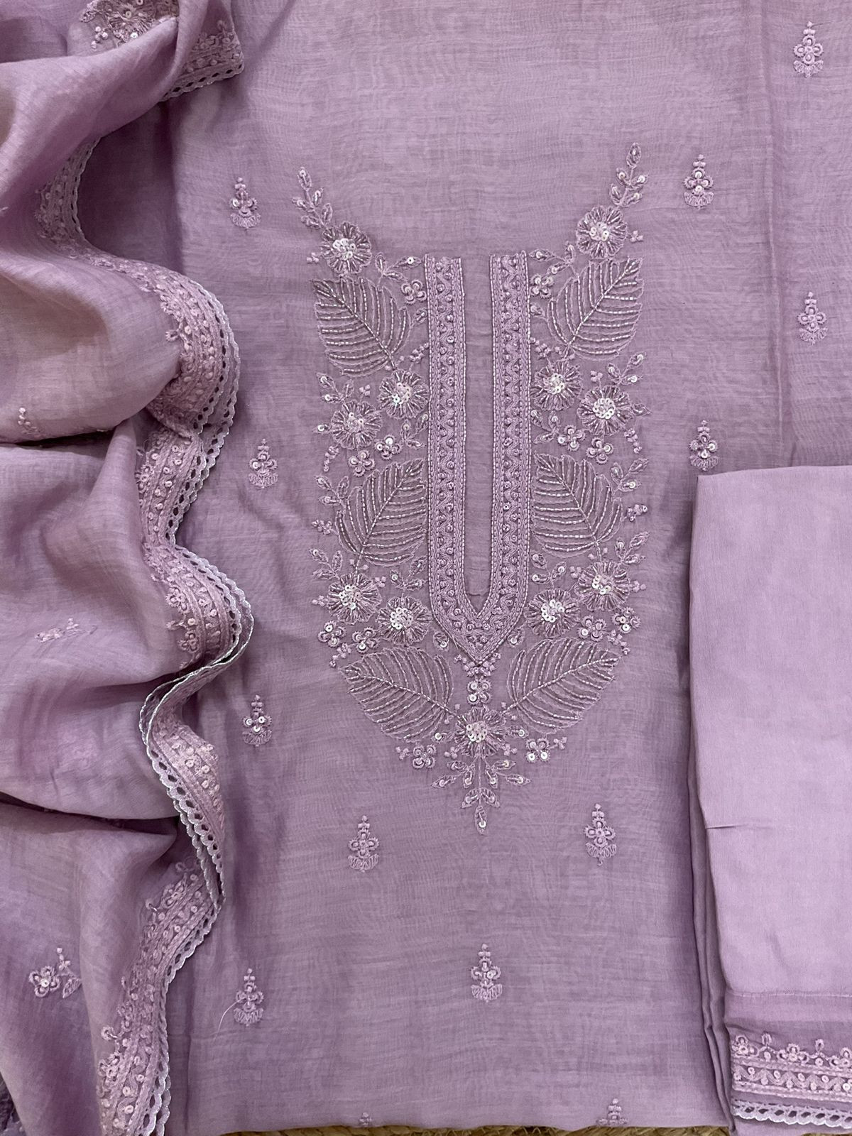 Pure Mul Chanderi Embroidered Suit - Lavender