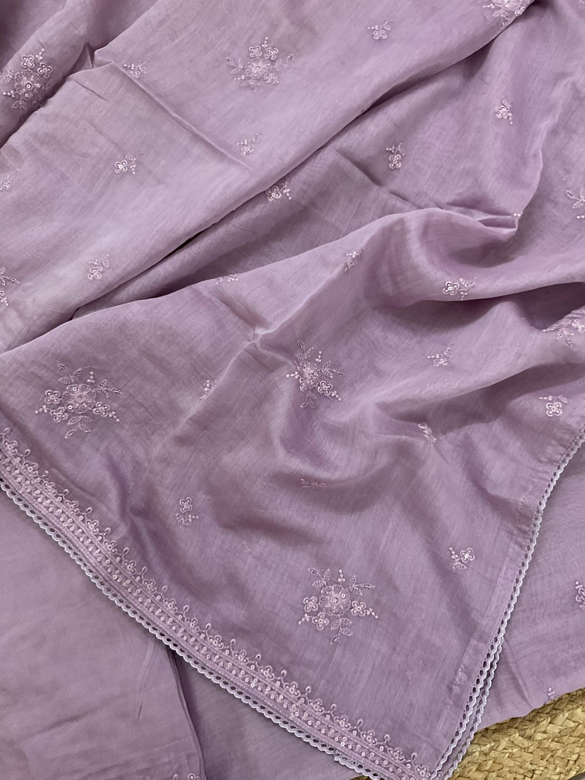 Pure Mul Chanderi Embroidered Suit - Lavender