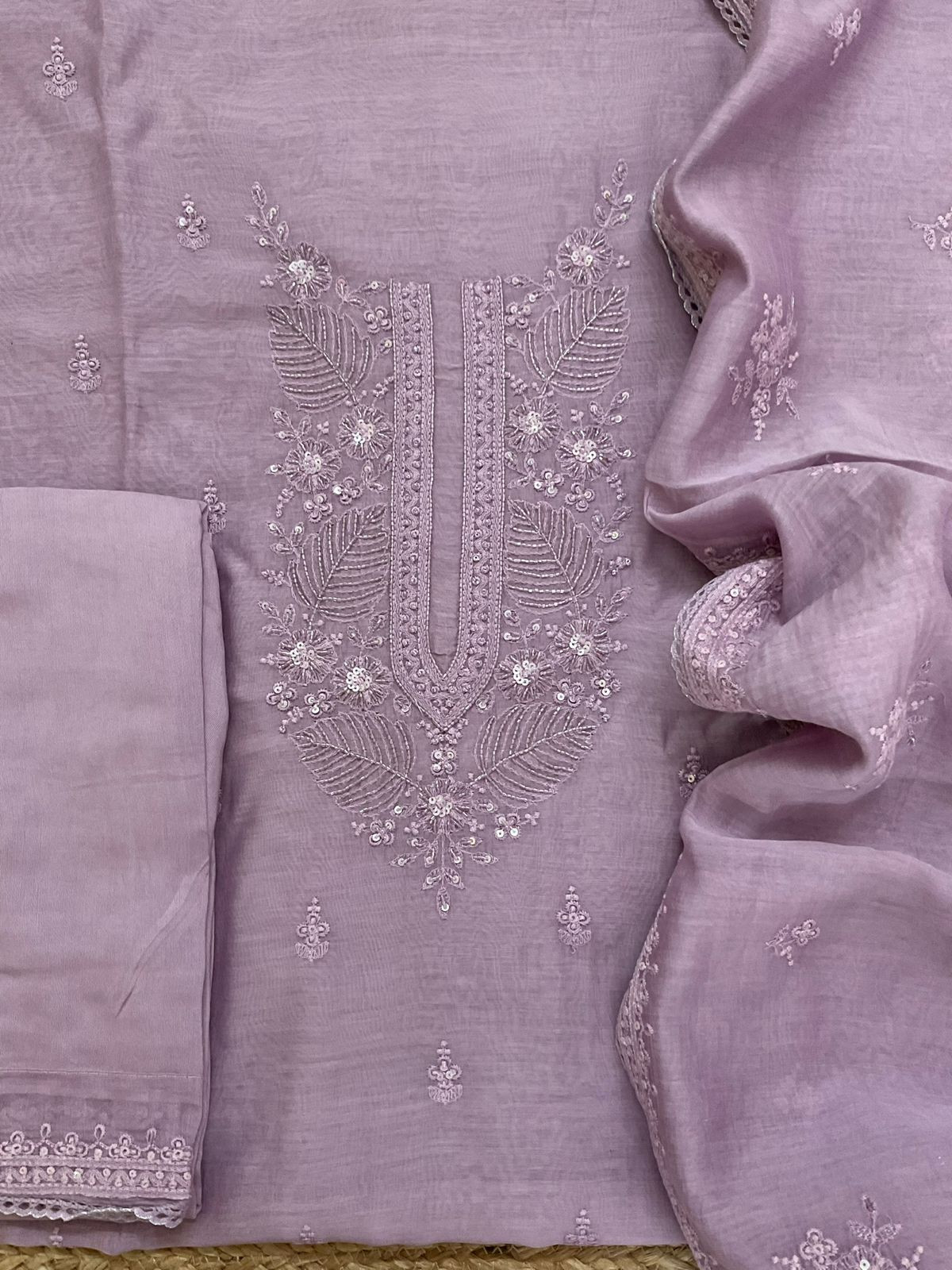 Pure Mul Chanderi Embroidered Suit - Lavender