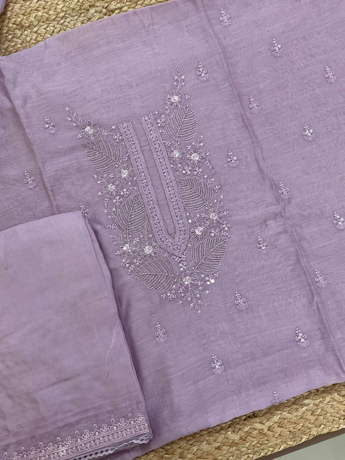 Pure Mul Chanderi Embroidered Suit - Lavender