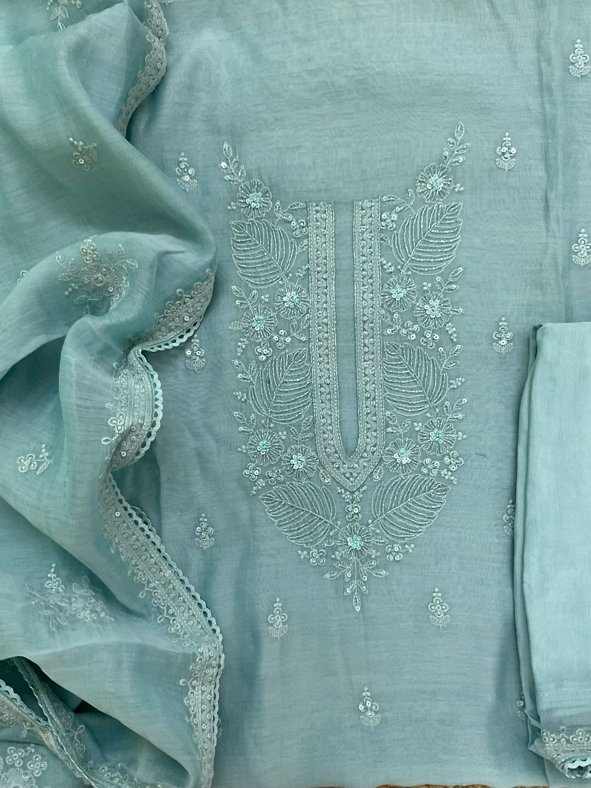 Pure Mul Chanderi Embroidered Suit - Blue