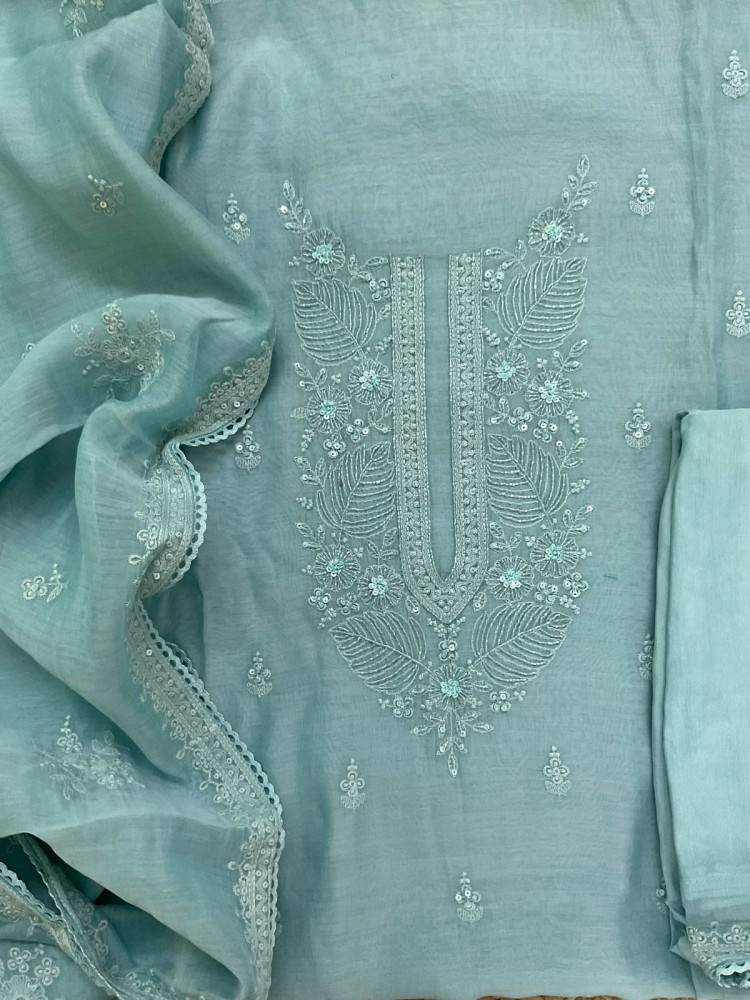 Image of Pure Mul Chanderi Embroidered Suit - Blue