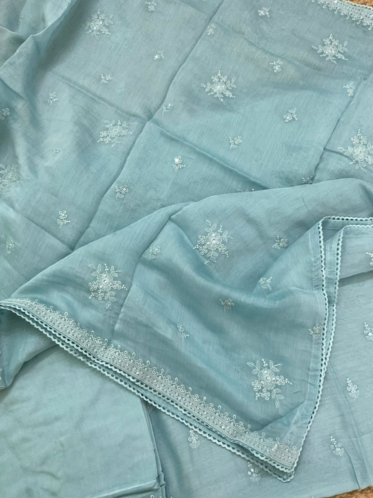 Pure Mul Chanderi Embroidered Suit - Blue