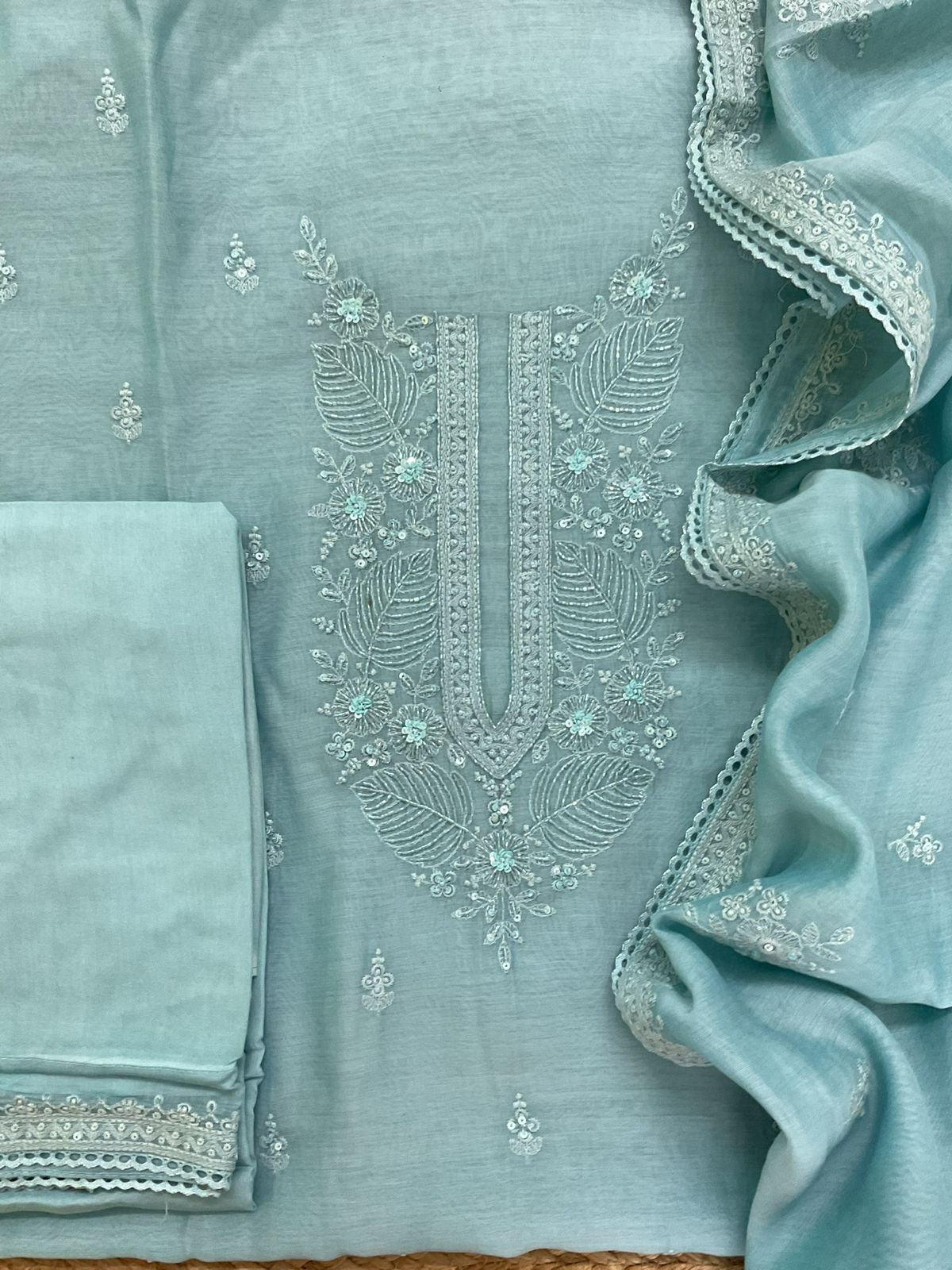 Pure Mul Chanderi Embroidered Suit - Blue