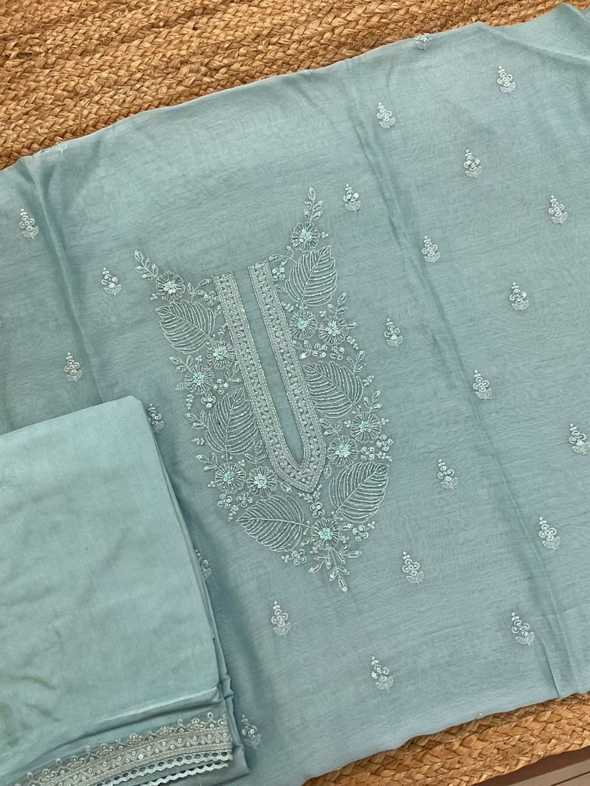 Pure Mul Chanderi Embroidered Suit - Blue