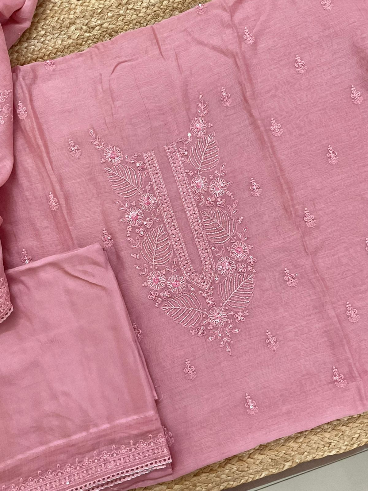 Pure Mul Chanderi Embroidered Suit - Pink