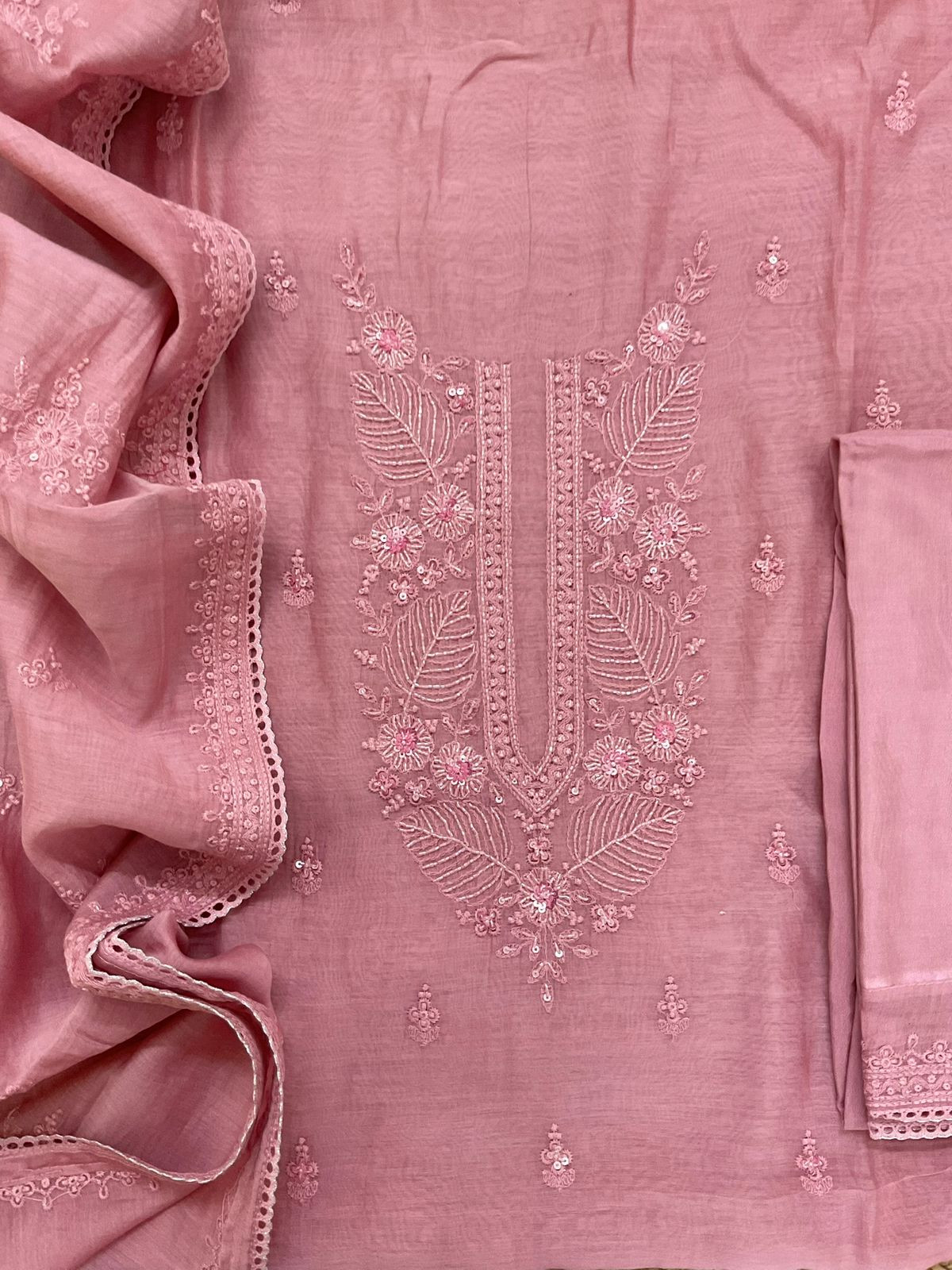 Pure Mul Chanderi Embroidered Suit - Pink