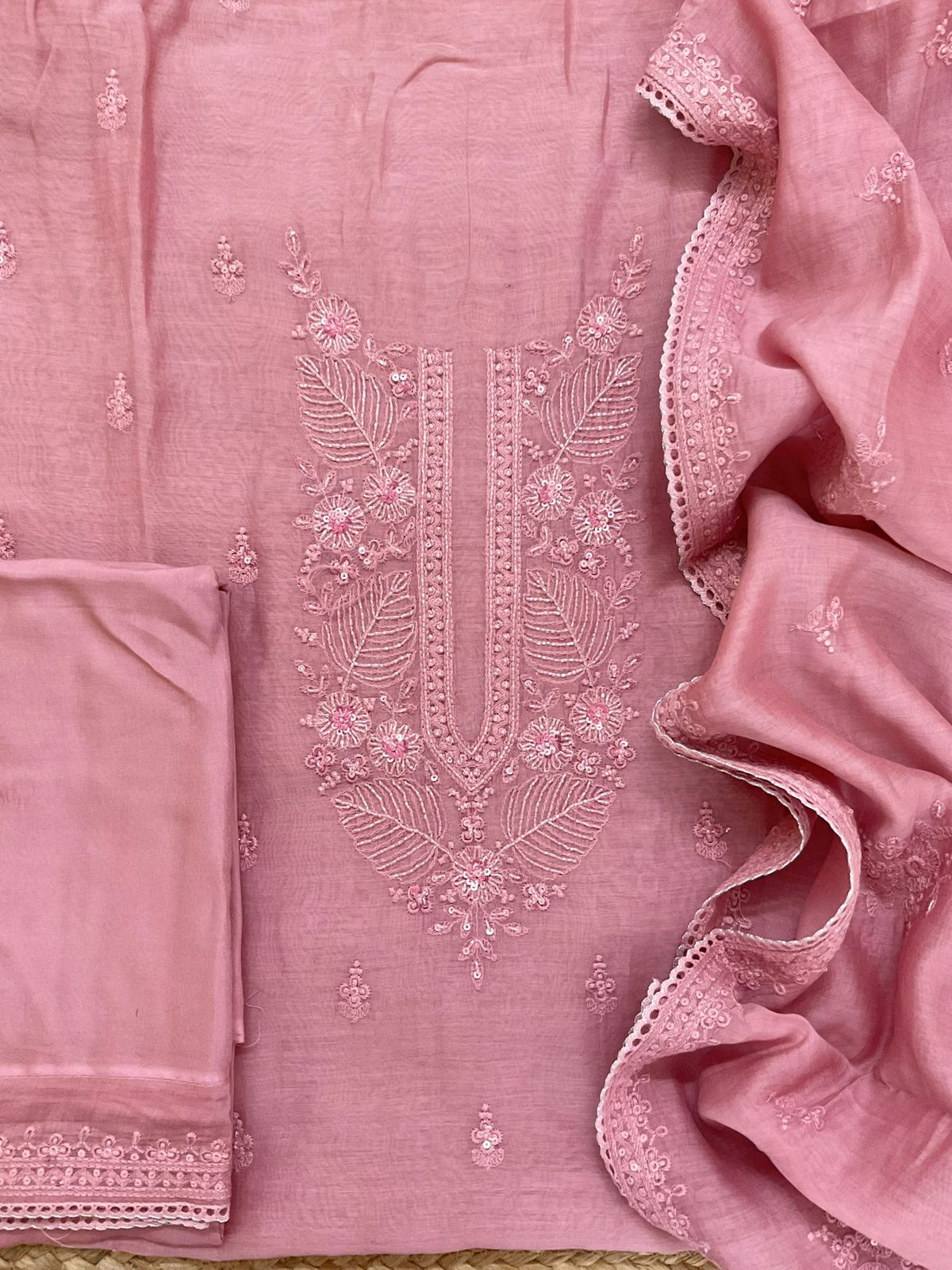 Pure Mul Chanderi Embroidered Suit - Pink