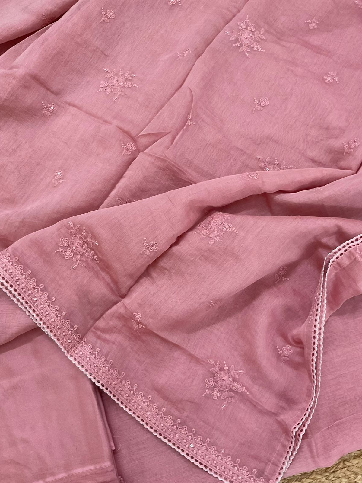 Pure Mul Chanderi Embroidered Suit - Pink