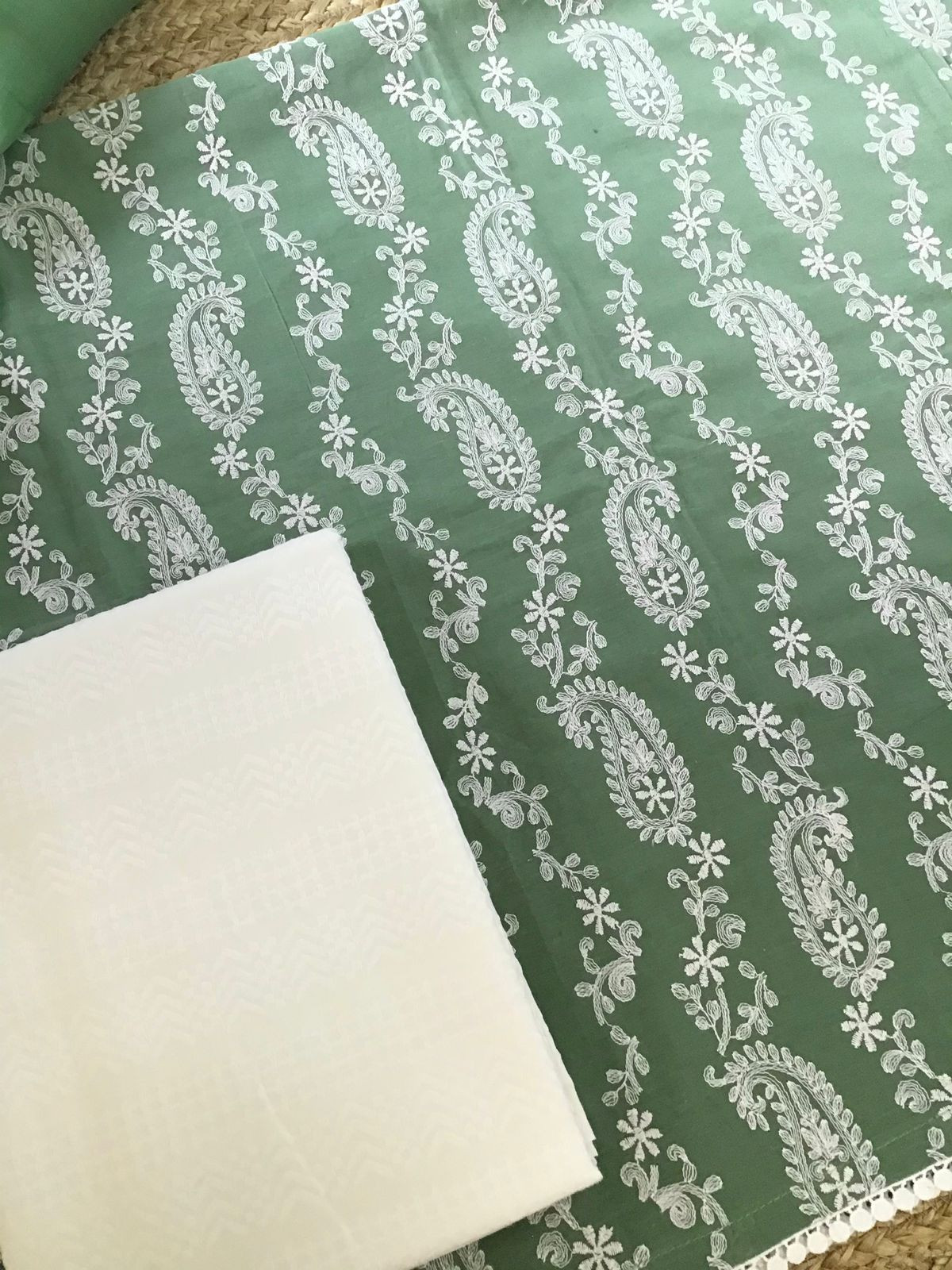 Pure Cotton Printed Embroidered Suit - Green