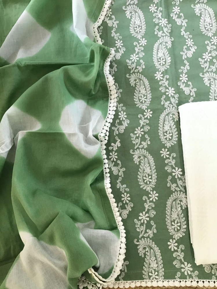 Image of Pure Cotton Printed Embroidered Suit - Green