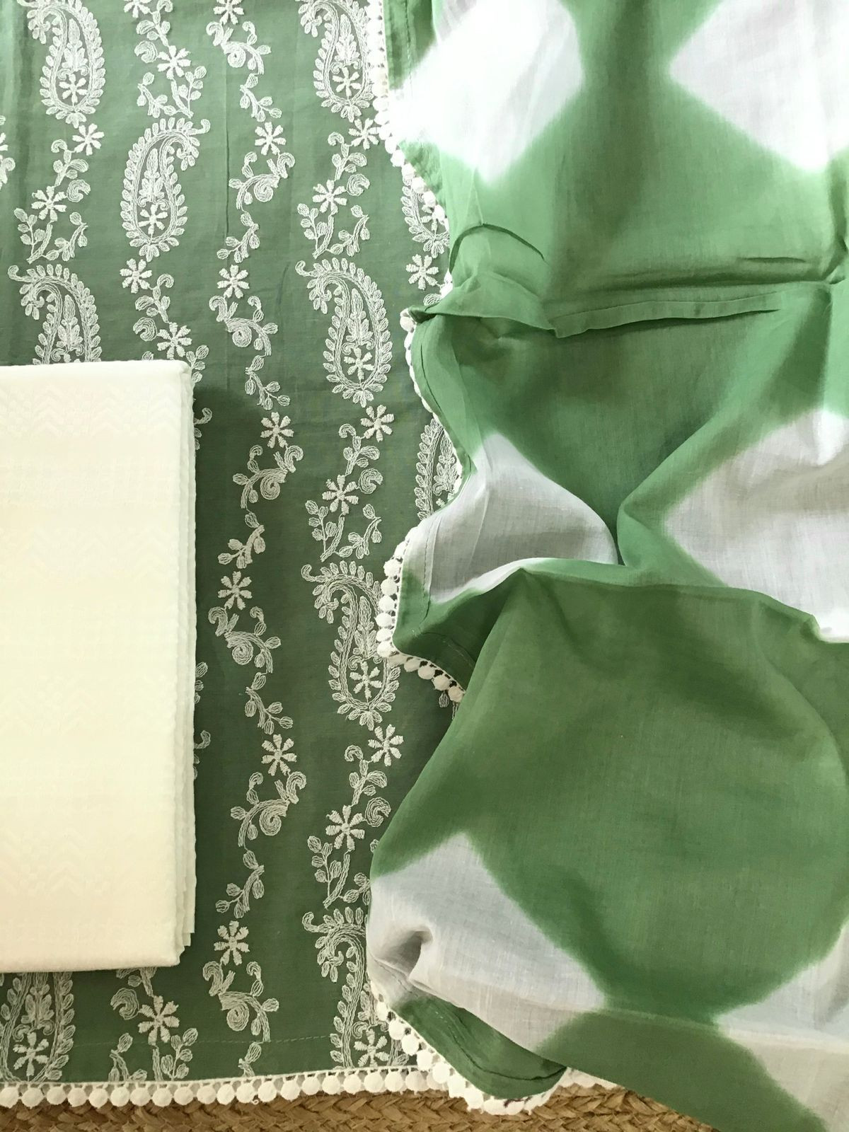 Pure Cotton Printed Embroidered Suit - Green