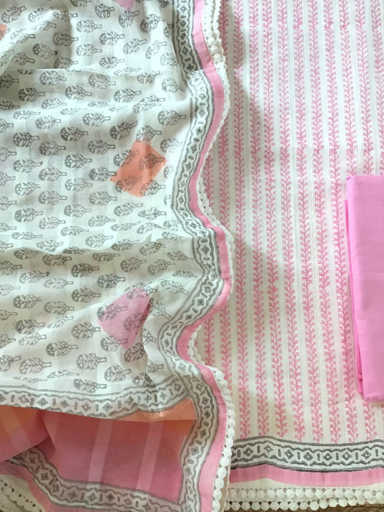 Image of Pure Cotton Printed Self Weaved Suit - Pink