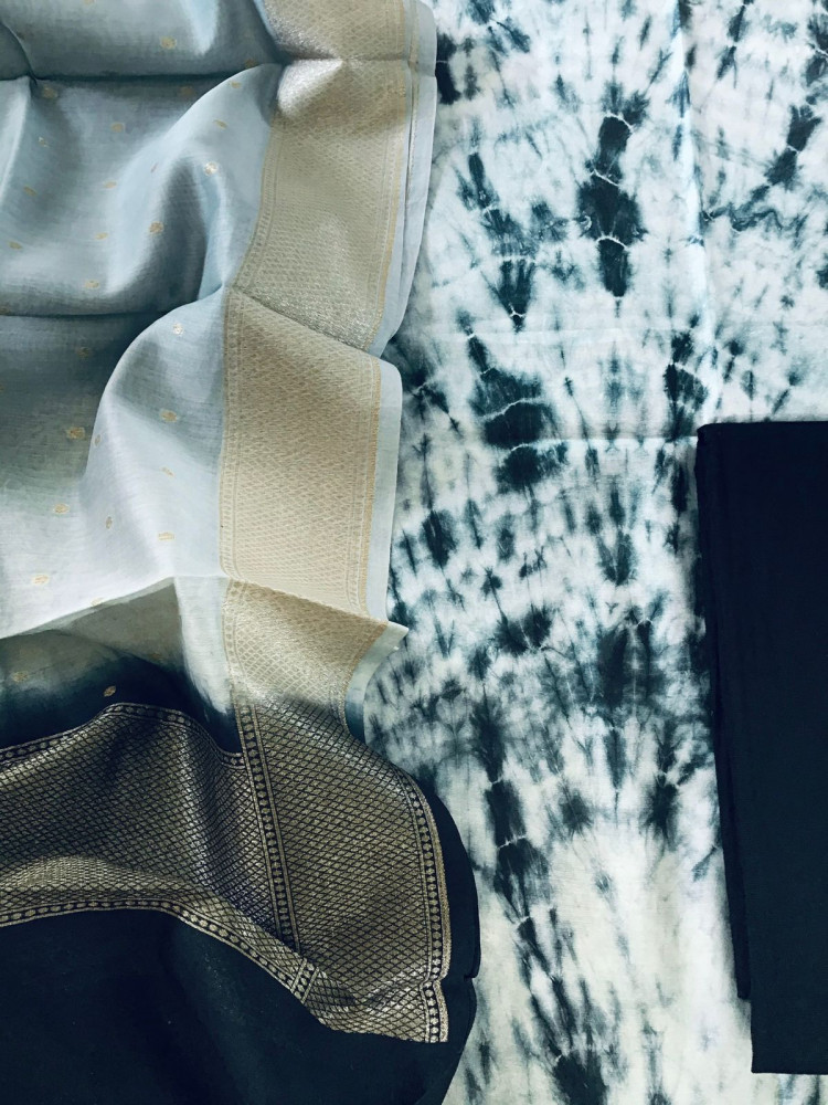 Image of Pure Chanderi Printed Banarasi Weaved Suit - Grey