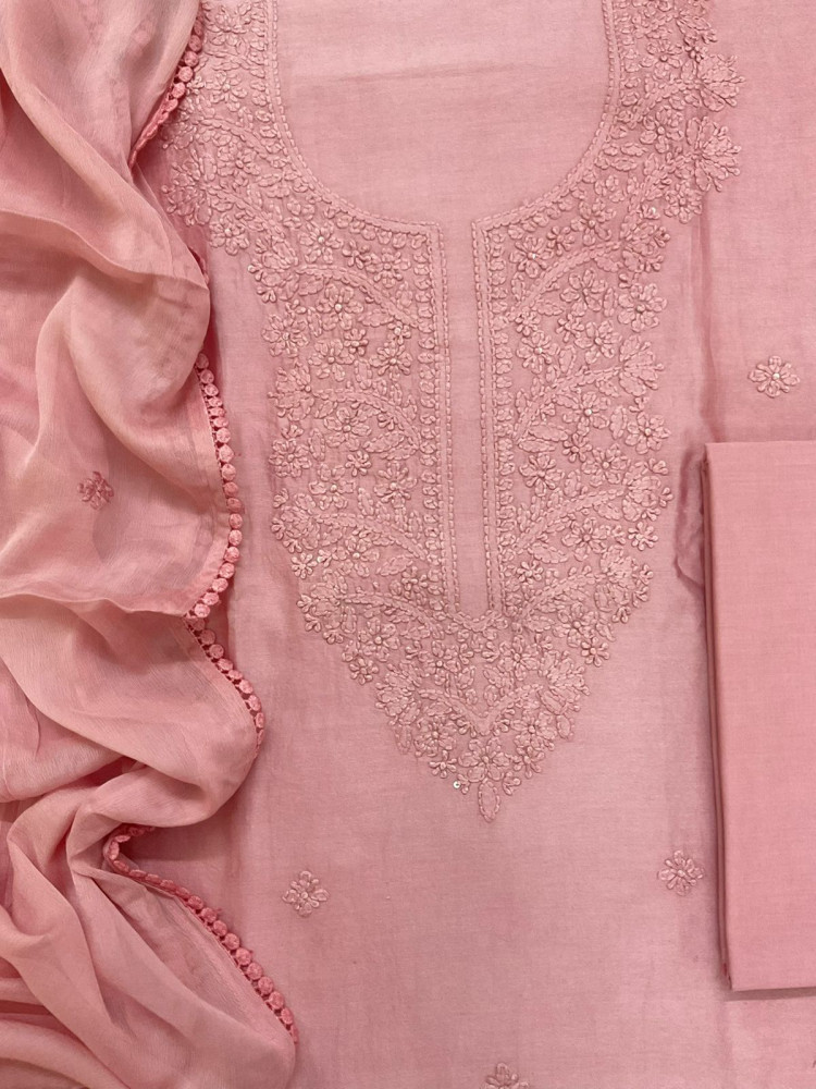 Image of Pure Chanderi Embroidered Suit - Pink