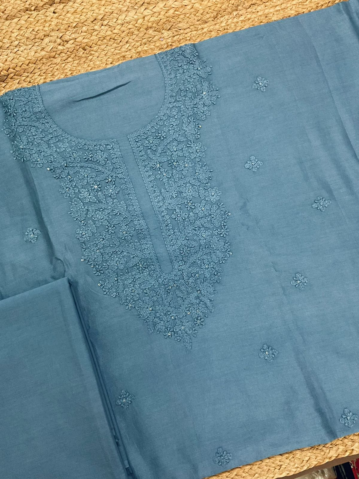 Pure Chanderi Embroidered Suit - Blue