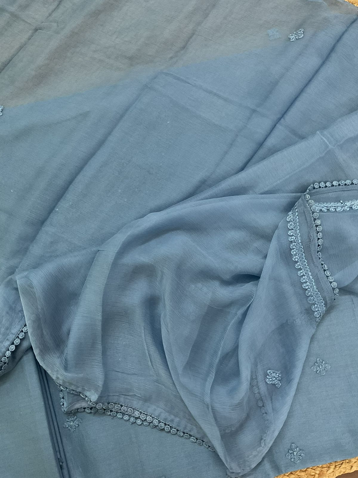 Pure Chanderi Embroidered Suit - Blue