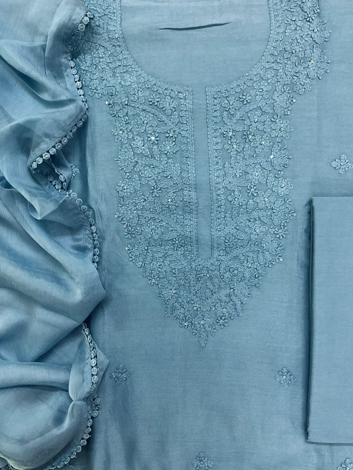 Pure Chanderi Embroidered Suit - Blue