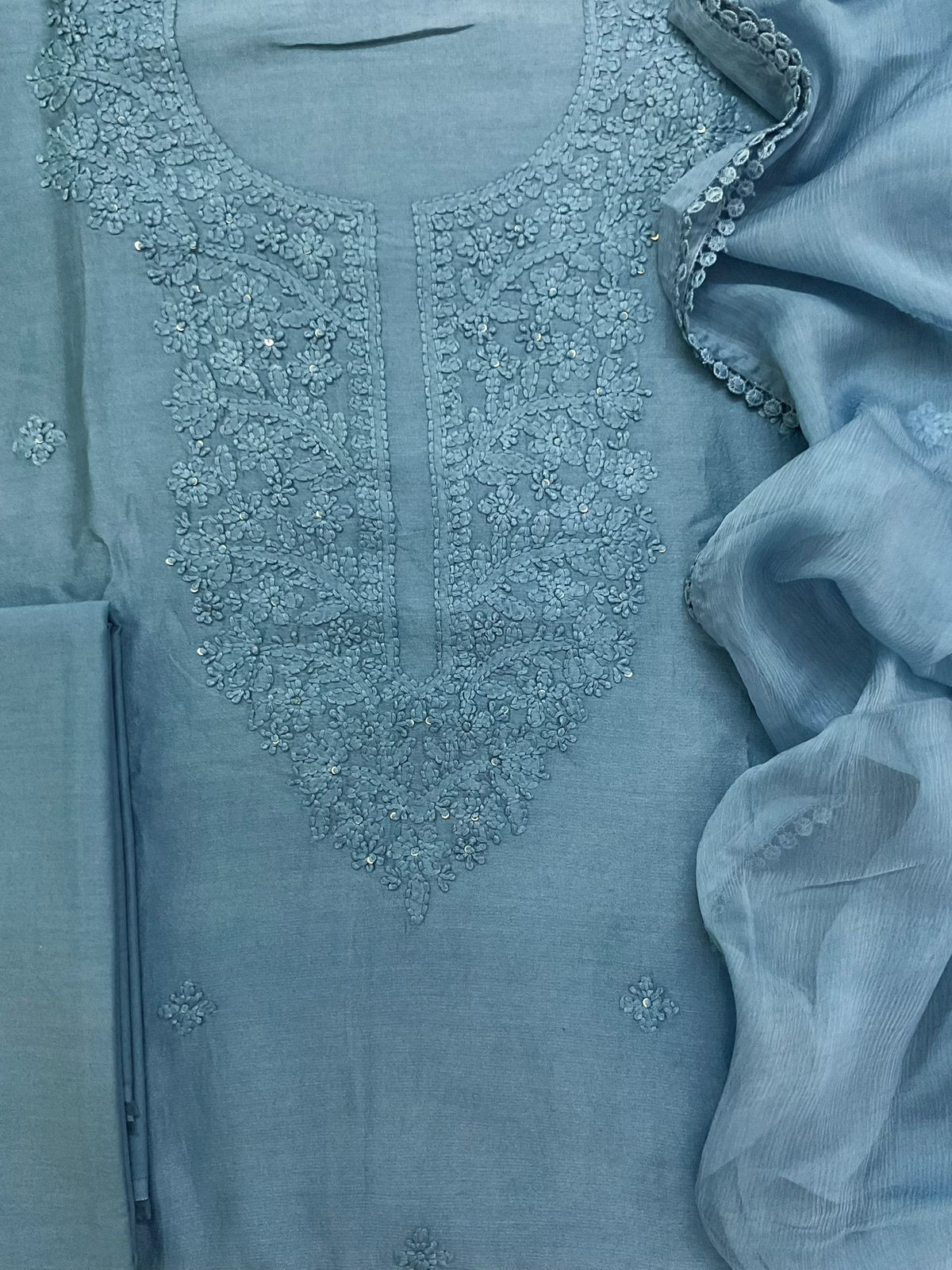 Pure Chanderi Embroidered Suit - Blue