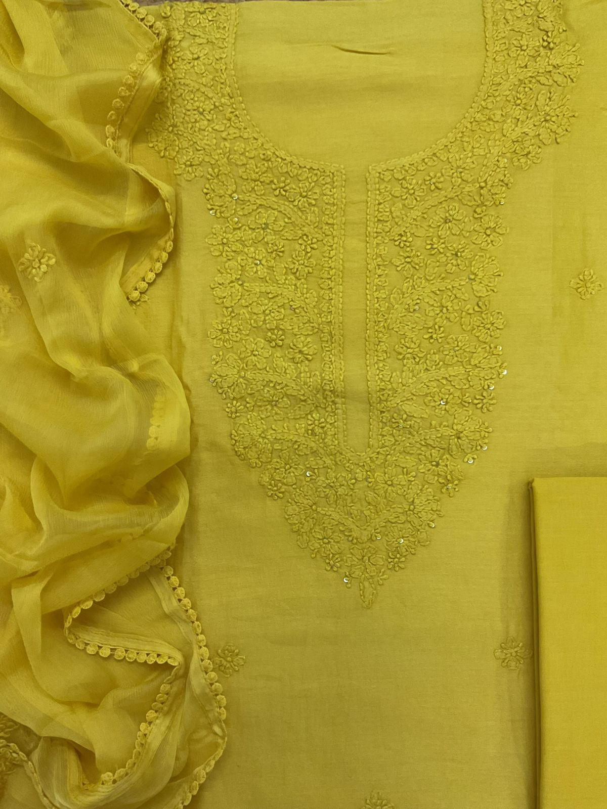 Pure Chanderi Embroidered Suit - Yellow