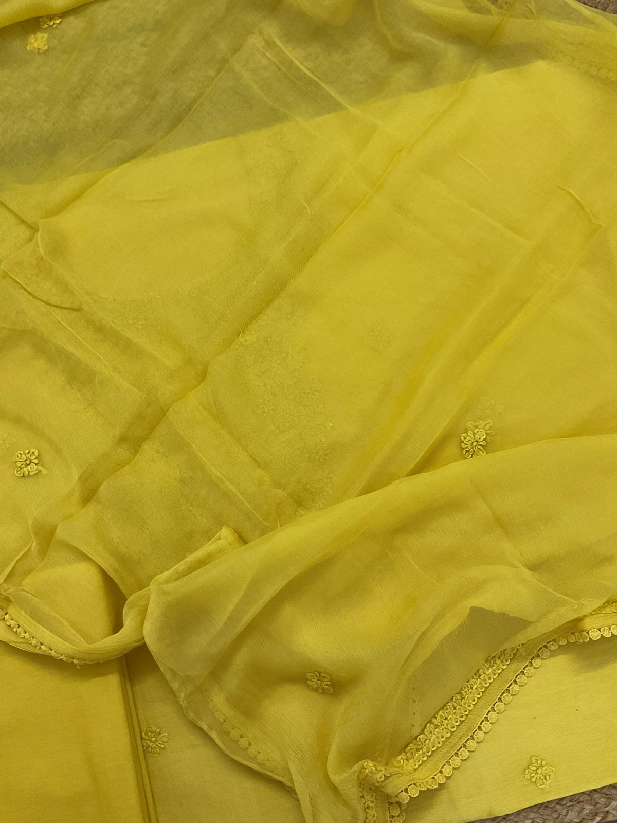 Pure Chanderi Embroidered Suit - Yellow