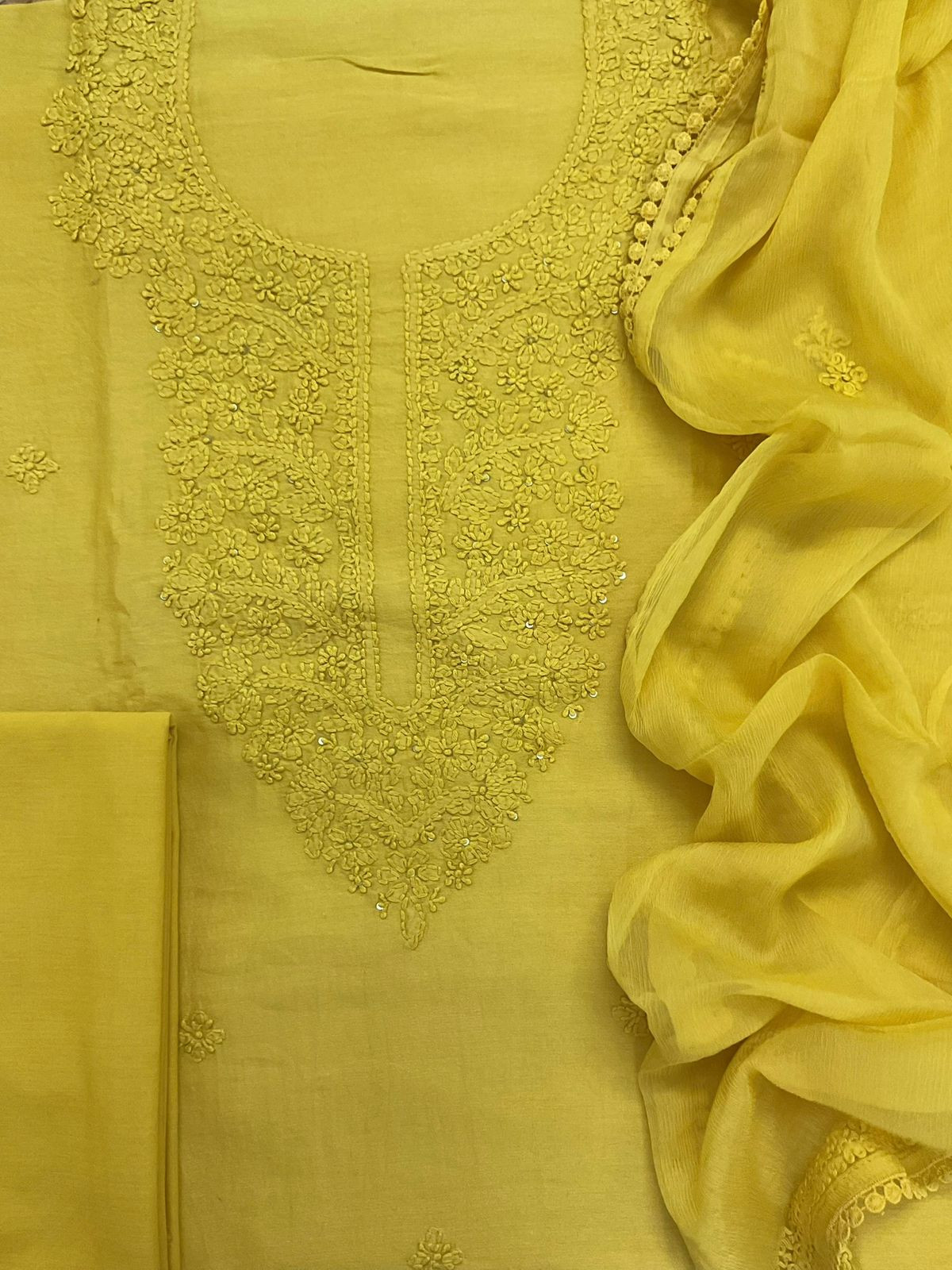Pure Chanderi Embroidered Suit - Yellow