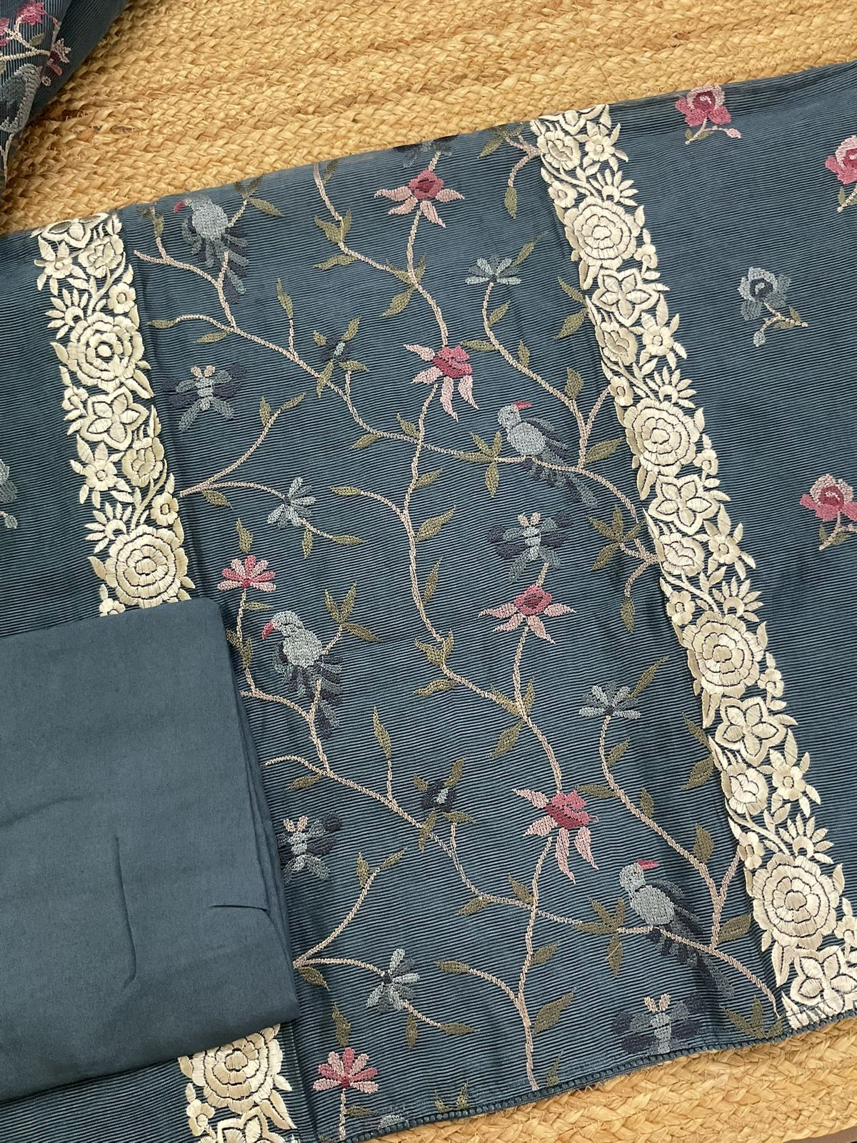 Soft Fine Supernet Embroidered Suit - Bluish Grey