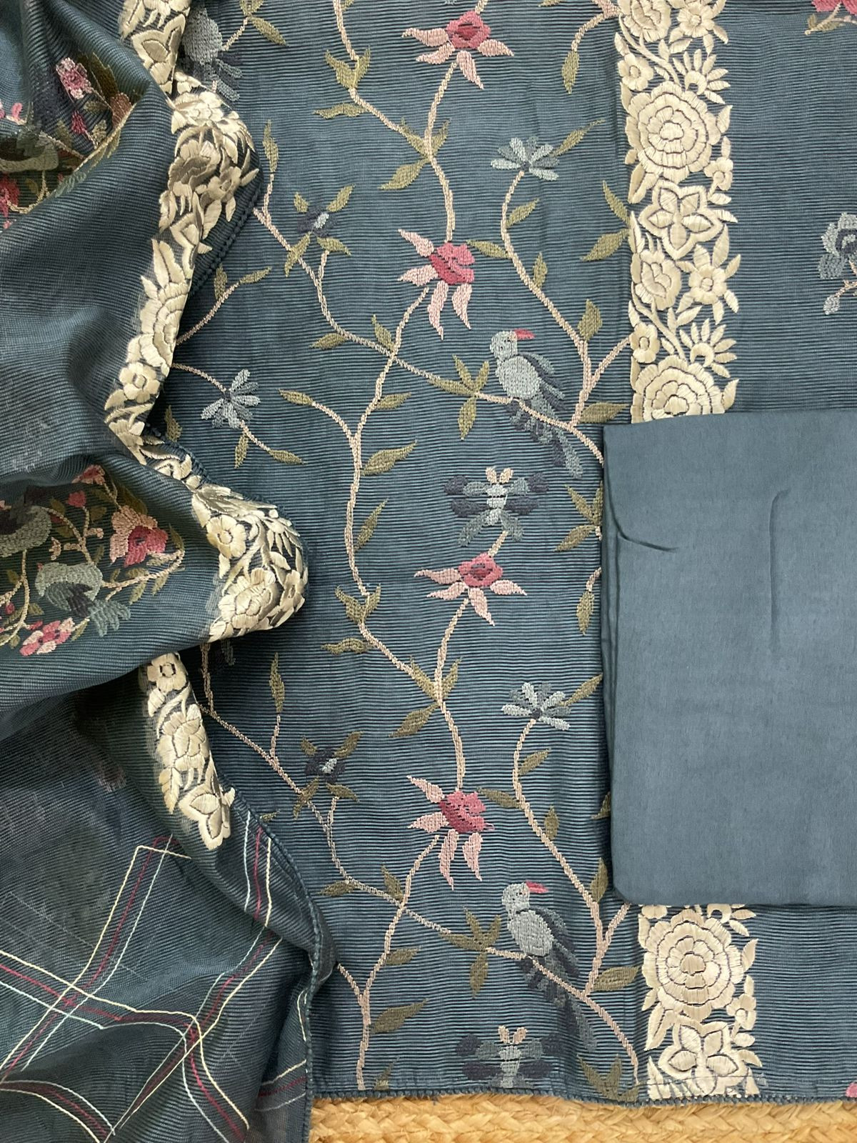 Soft Fine Supernet Embroidered Suit - Bluish Grey