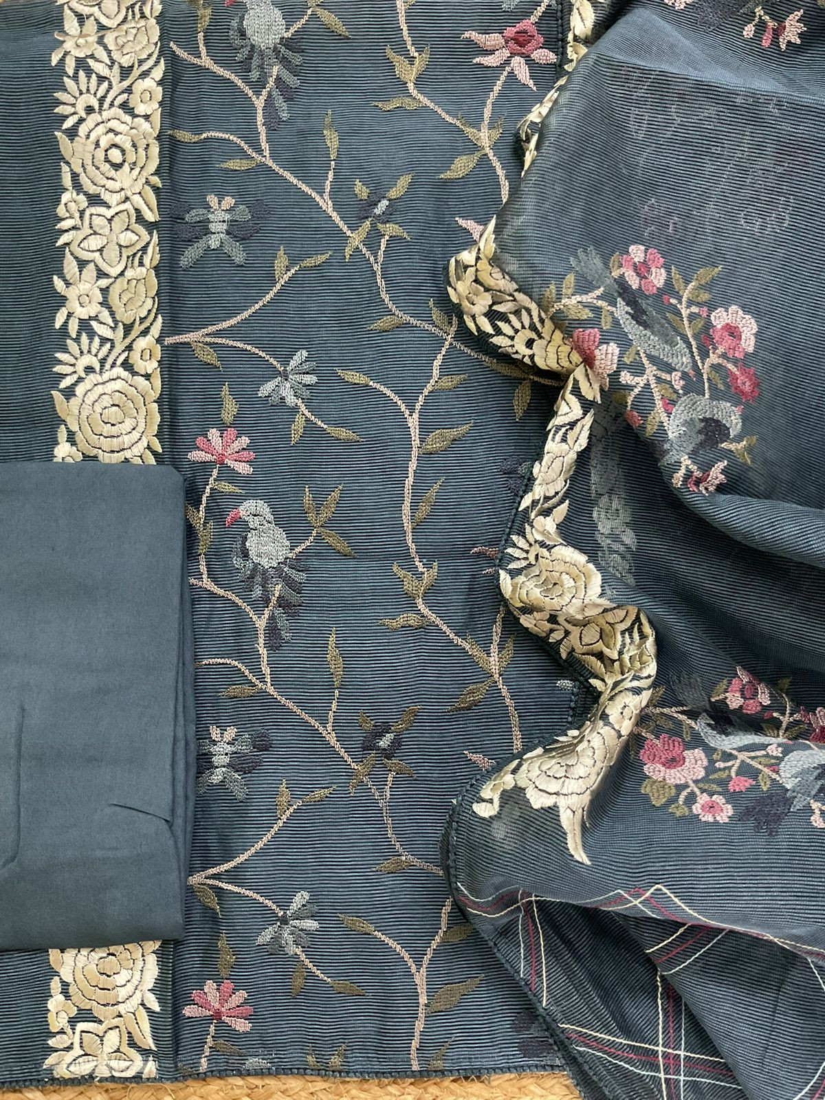 Soft Fine Supernet Embroidered Suit - Bluish Grey