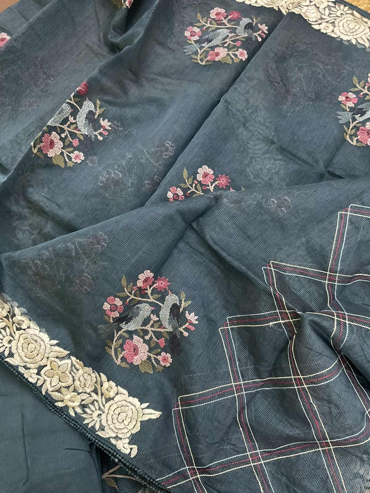 Soft Fine Supernet Embroidered Suit - Bluish Grey