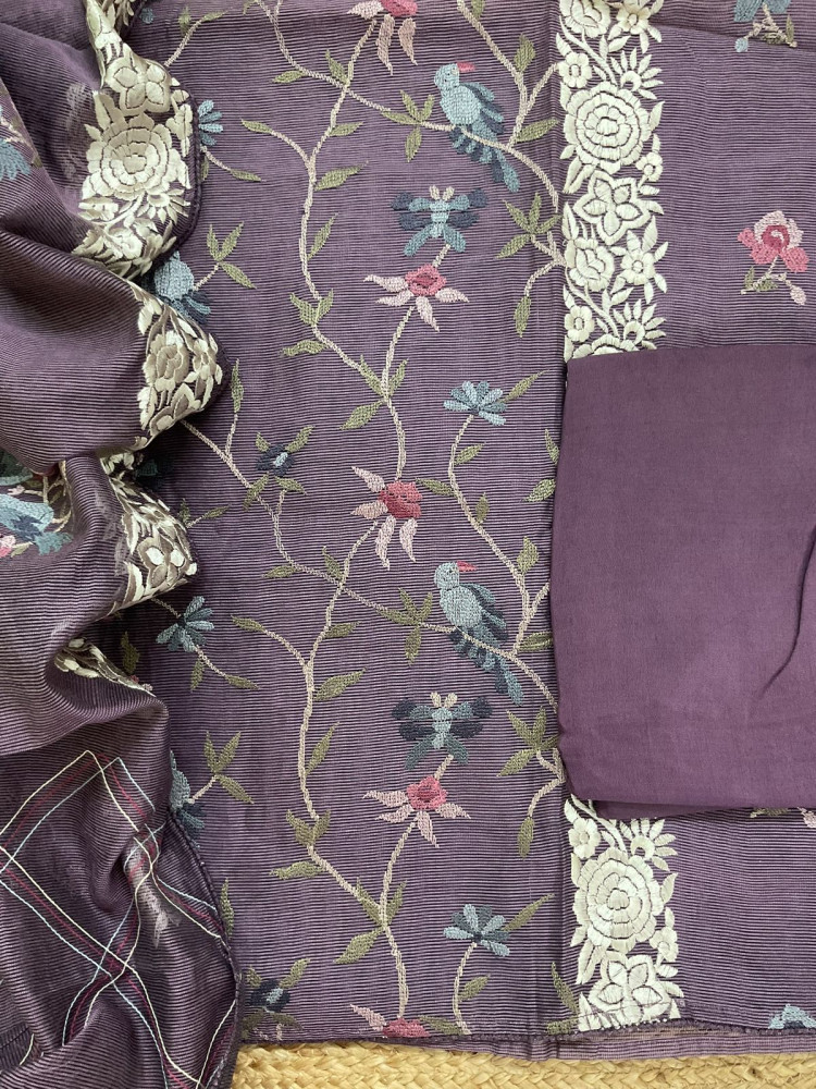 Image of Soft Fine Supernet Embroidered Suit - Purple