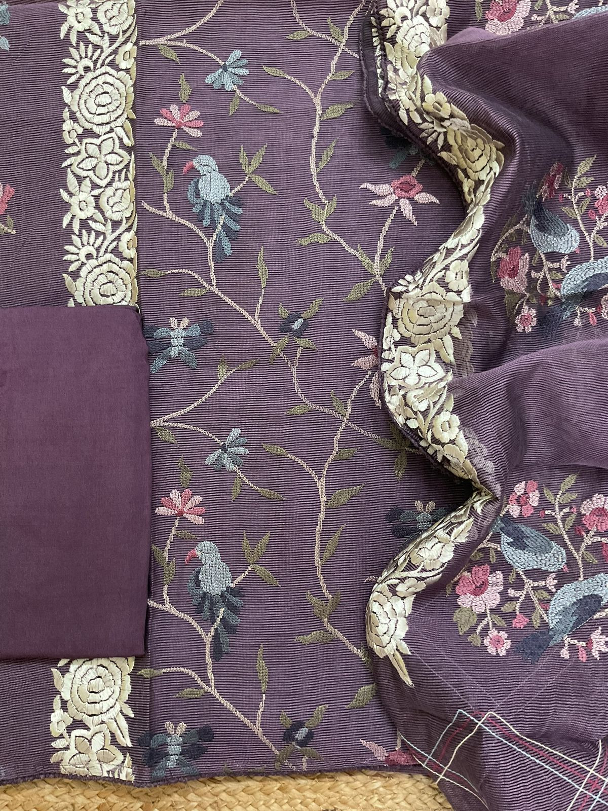 Soft Fine Supernet Embroidered Suit - Purple
