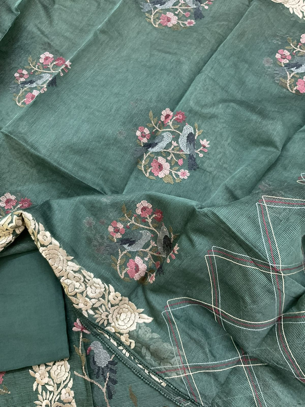 Soft Fine Supernet Embroidered Suit - Green