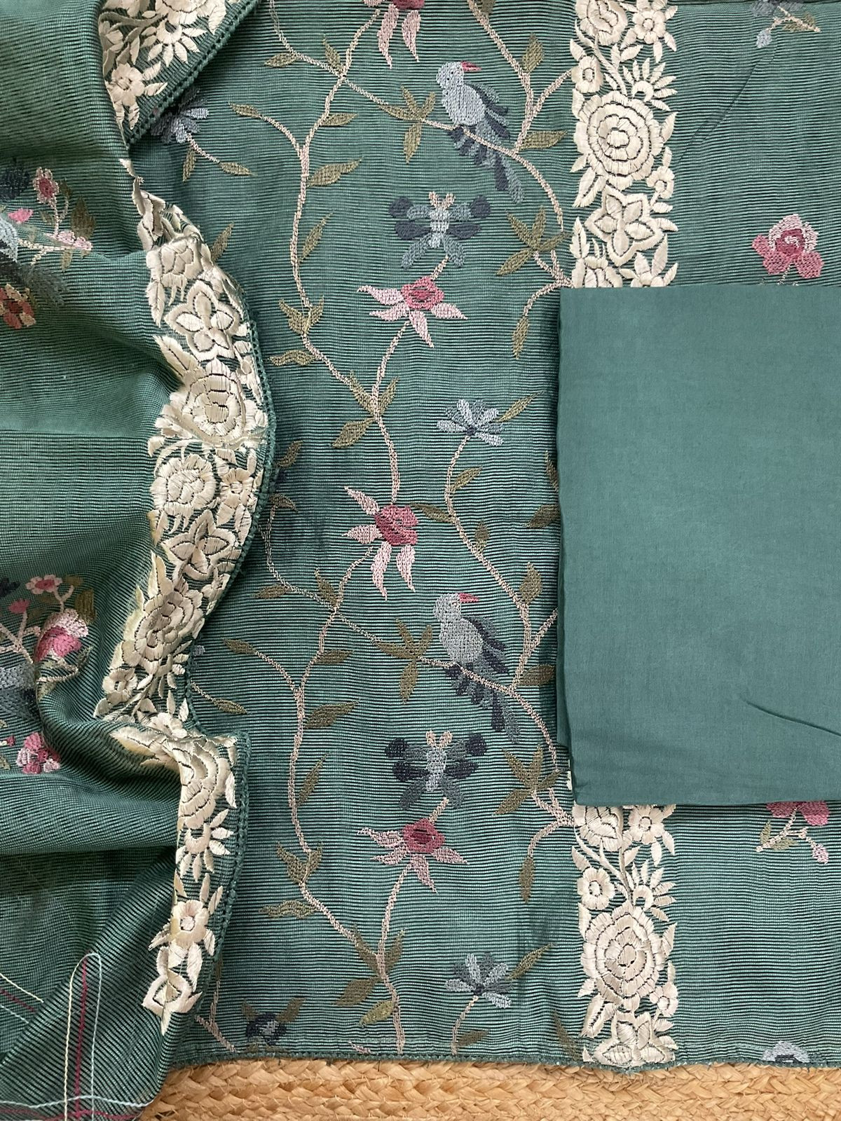Soft Fine Supernet Embroidered Suit - Green