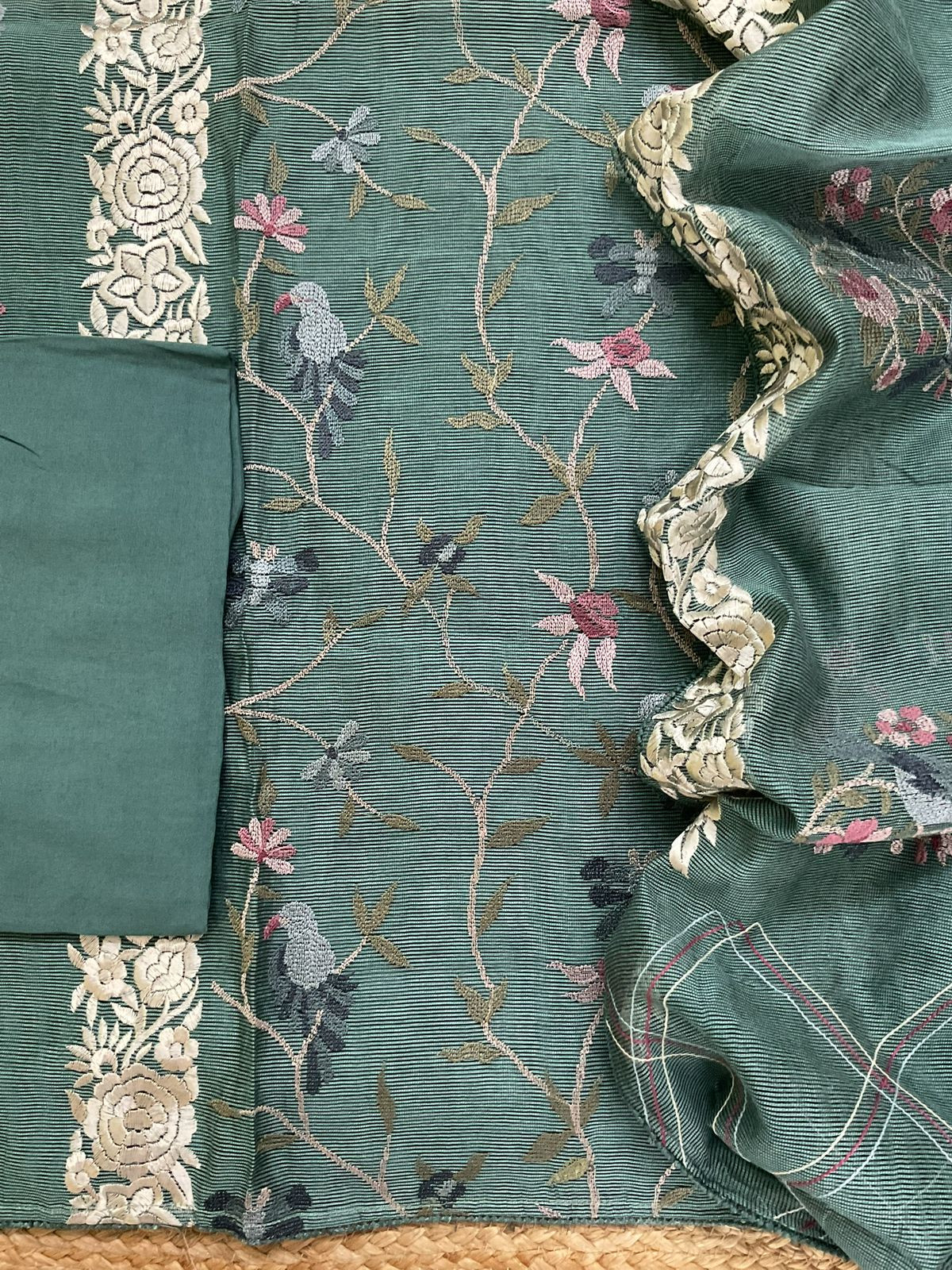 Soft Fine Supernet Embroidered Suit - Green