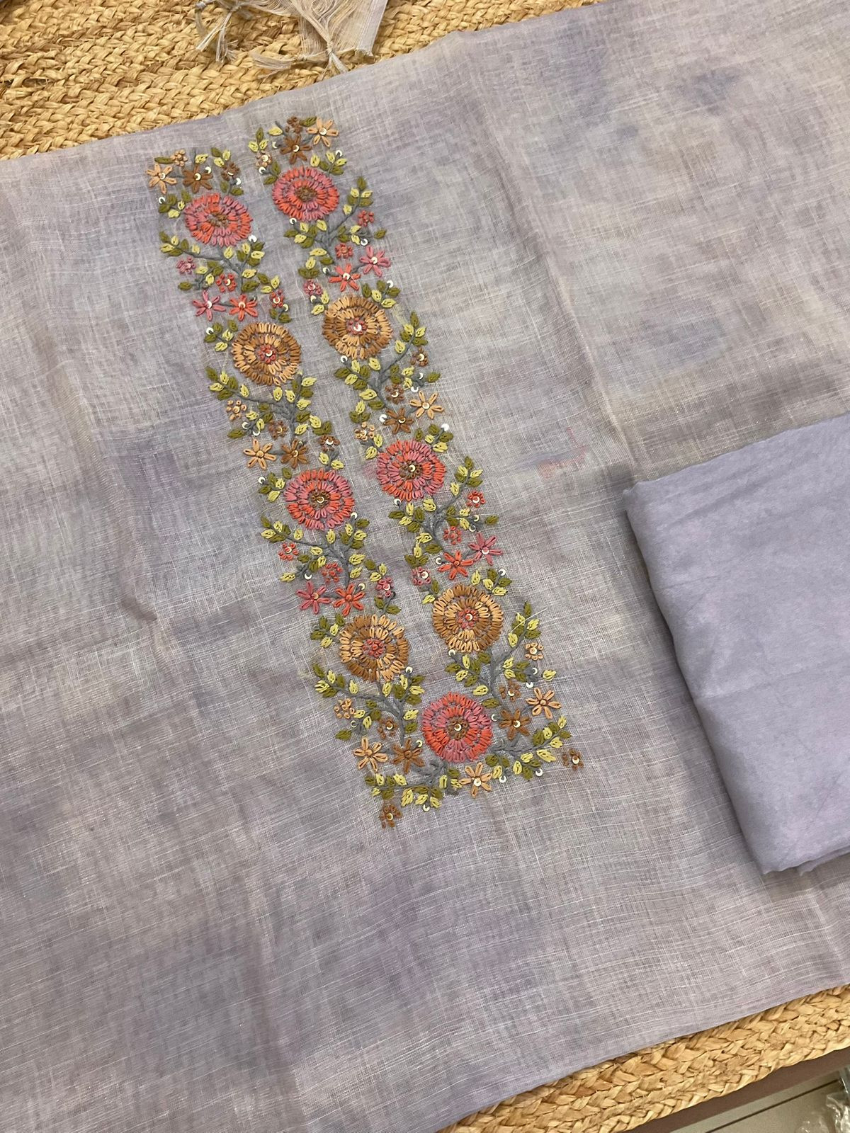 Soft Tissue Slub Cotton Printed Embroidered Suit - Lavender