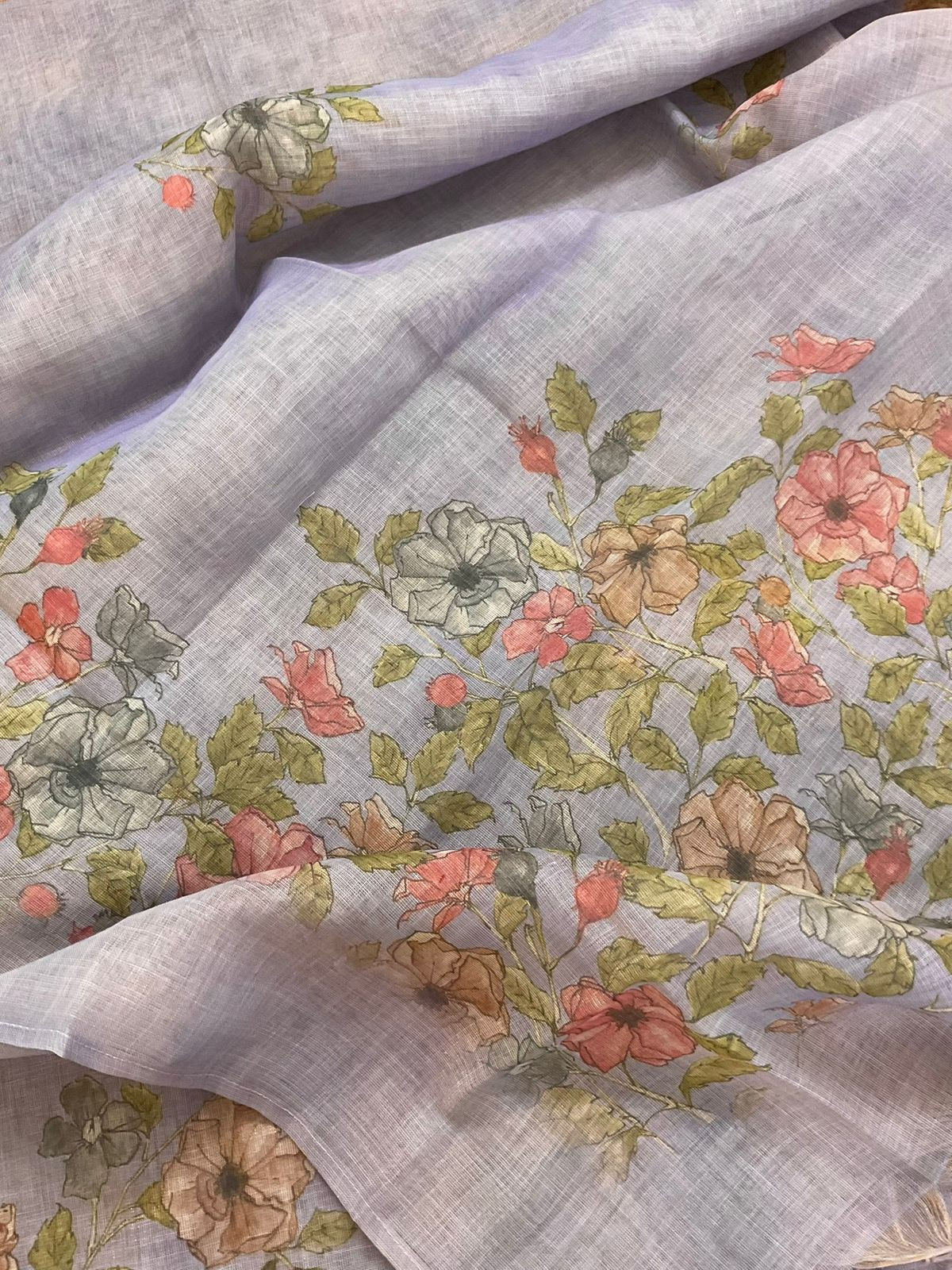 Soft Tissue Slub Cotton Printed Embroidered Suit - Lavender