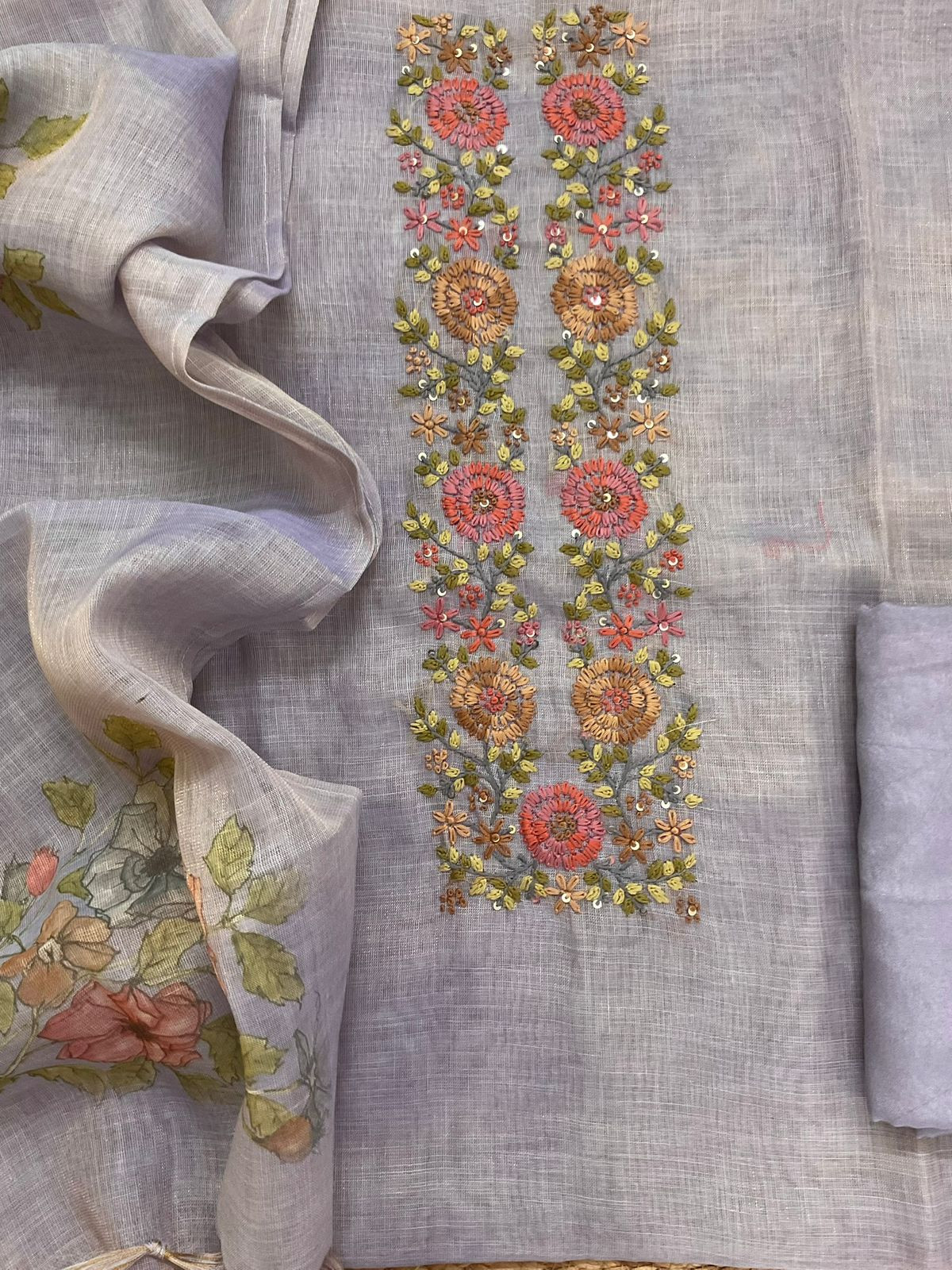 Soft Tissue Slub Cotton Printed Embroidered Suit - Lavender